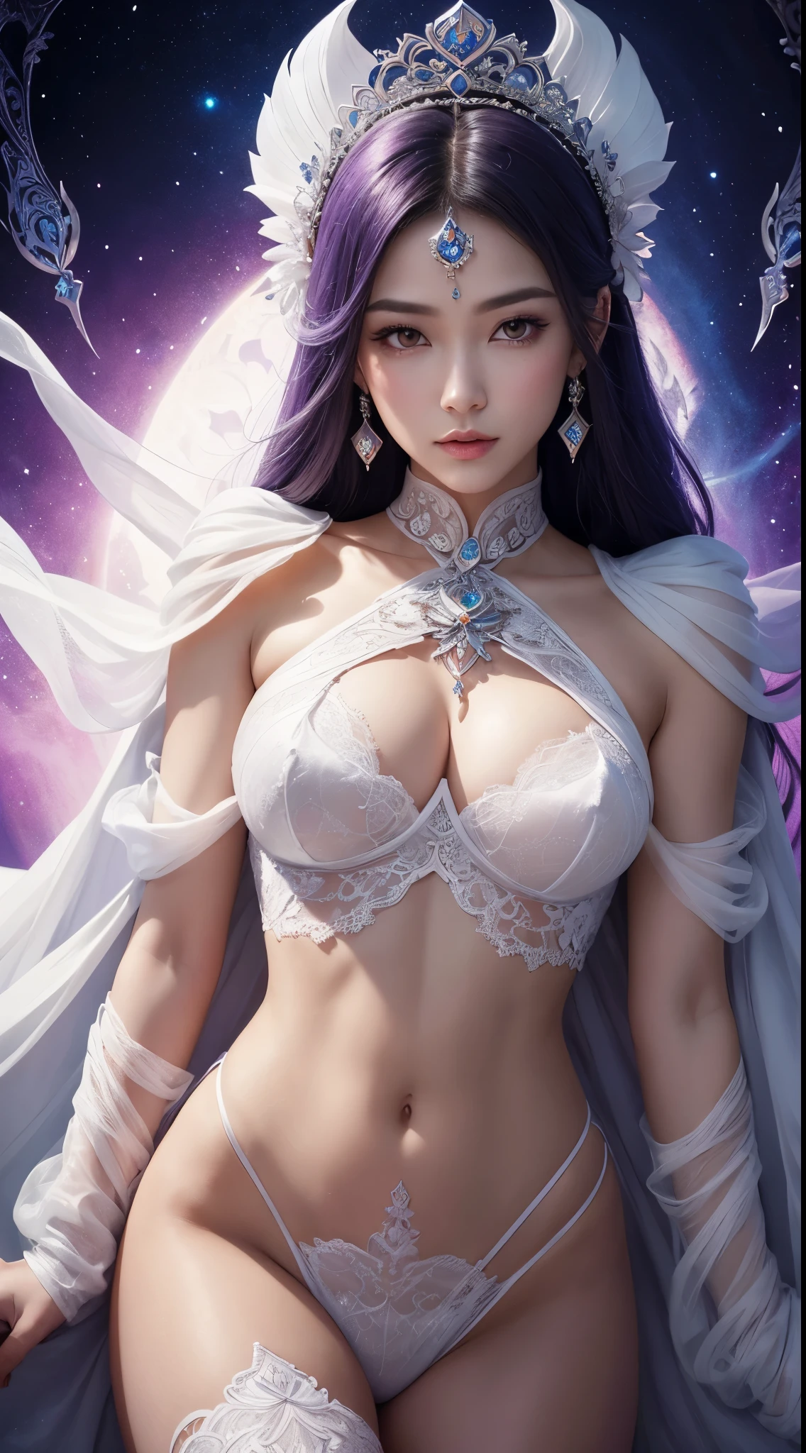 a close up of a woman in a sexy white gold transparent lace armor neckline small breasts with a lotus flower in her hand, head jewelry, colar violeta, cinto de jade , abdominais tonificados, uma bela imperatriz fantasia, ((uma bela imperatriz fantasia)), Mago Celestial Lindo, pintura de personagem bonita, Xianxia de corpo inteiro, portrait knights of zodiac girl, por Yang J, g estilo de arte liuliano, estilo de arte de fantasia, foreshortening