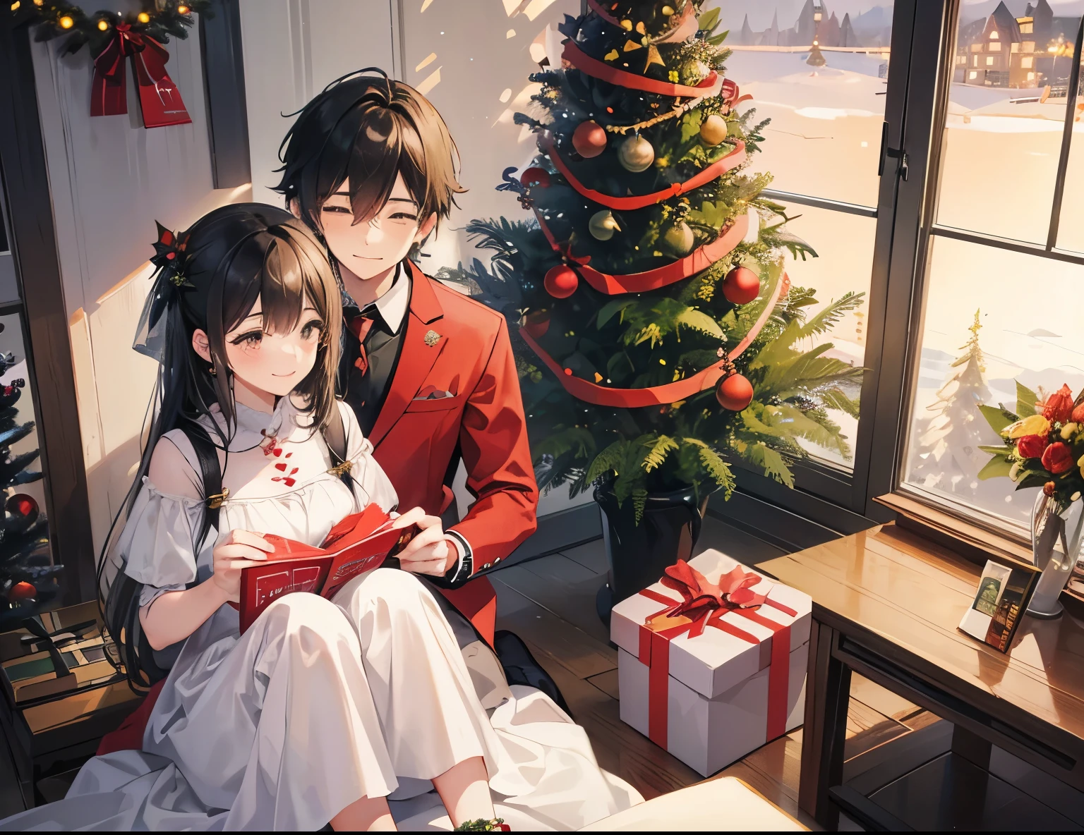 A couple (1male, 1female), Christmas tree, Christmas, gift, laugh, romantic atmosphere, happy atmosphere, landscape