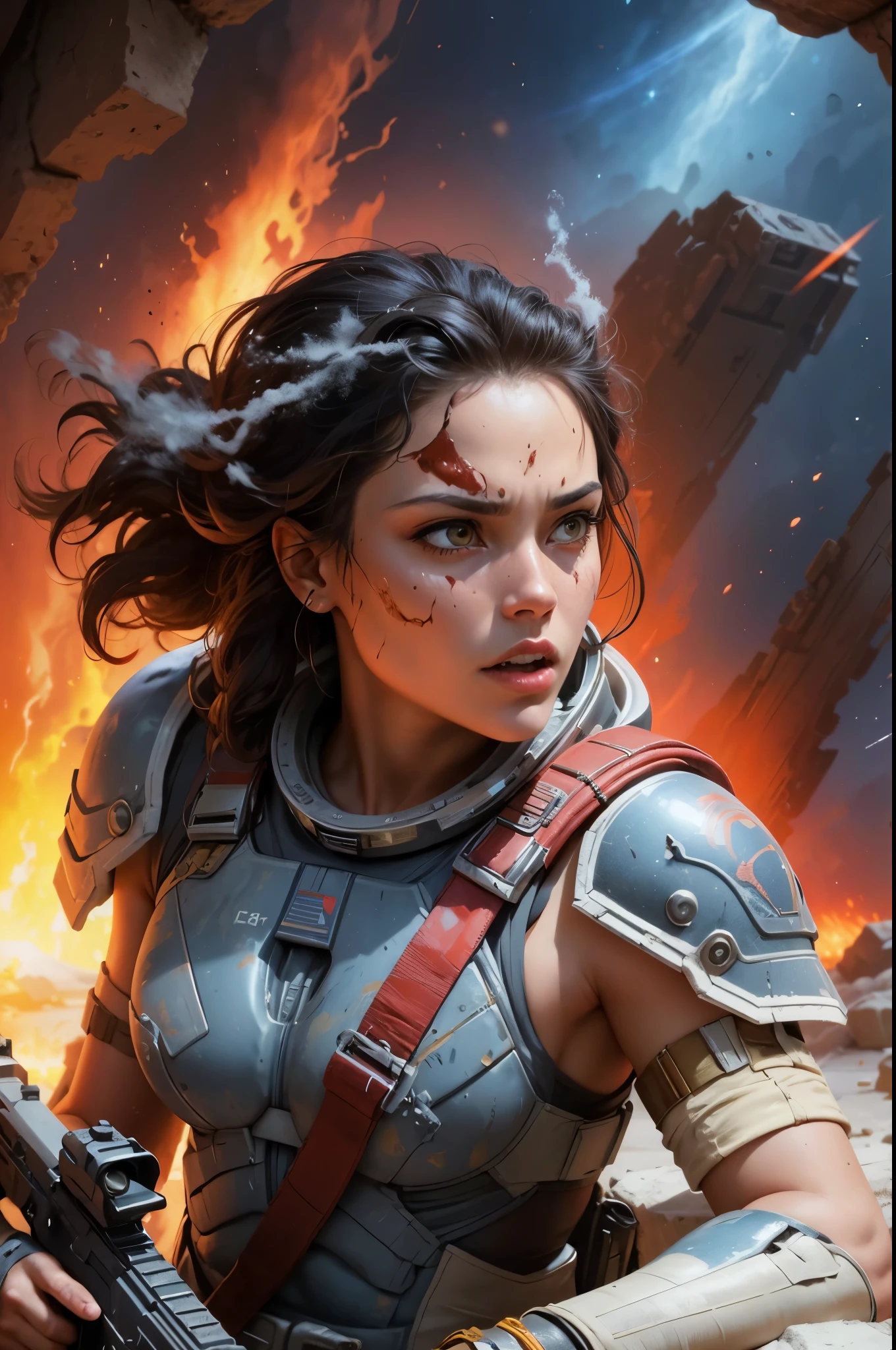 sitting back firmly against the wall looking to left in fear space gal after the battle, cocky, finger on trigger of gun, ready to move, dirty grimy, overhead glow lighting, side light, 24k resolution tight barbarian woman in space clothes, camouflage, hyperdetailed, abandoned room background setting on battlefield mars, Soleil rouge leonardo.ai who do you think you are inner-self your ego 34k resolution highly detailed, hyperrealism, oils painterly art style sexier, yes, on a trip to alien worlds, shocked expression mouth fully opened eyes wide bitch, science fiction, blood and black, detailed