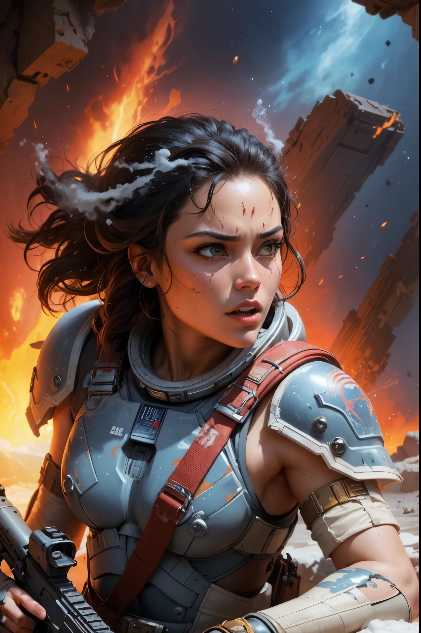 sitting back firmly against the wall looking to left in fear space gal after the battle, cocky, finger on trigger of gun, ready to move, dirty grimy, overhead glow lighting, side light, 24k resolution tight barbarian woman in space clothes, camouflage, hyperdetailed, abandoned room background setting on battlefield mars, Soleil rouge leonardo.ai who do you think you are inner-self your ego 34k resolution highly detailed, hyperrealism, oils painterly art style sexier, yes, on a trip to alien worlds, shocked expression mouth fully opened eyes wide ?????, science fiction, blood and black, detailed