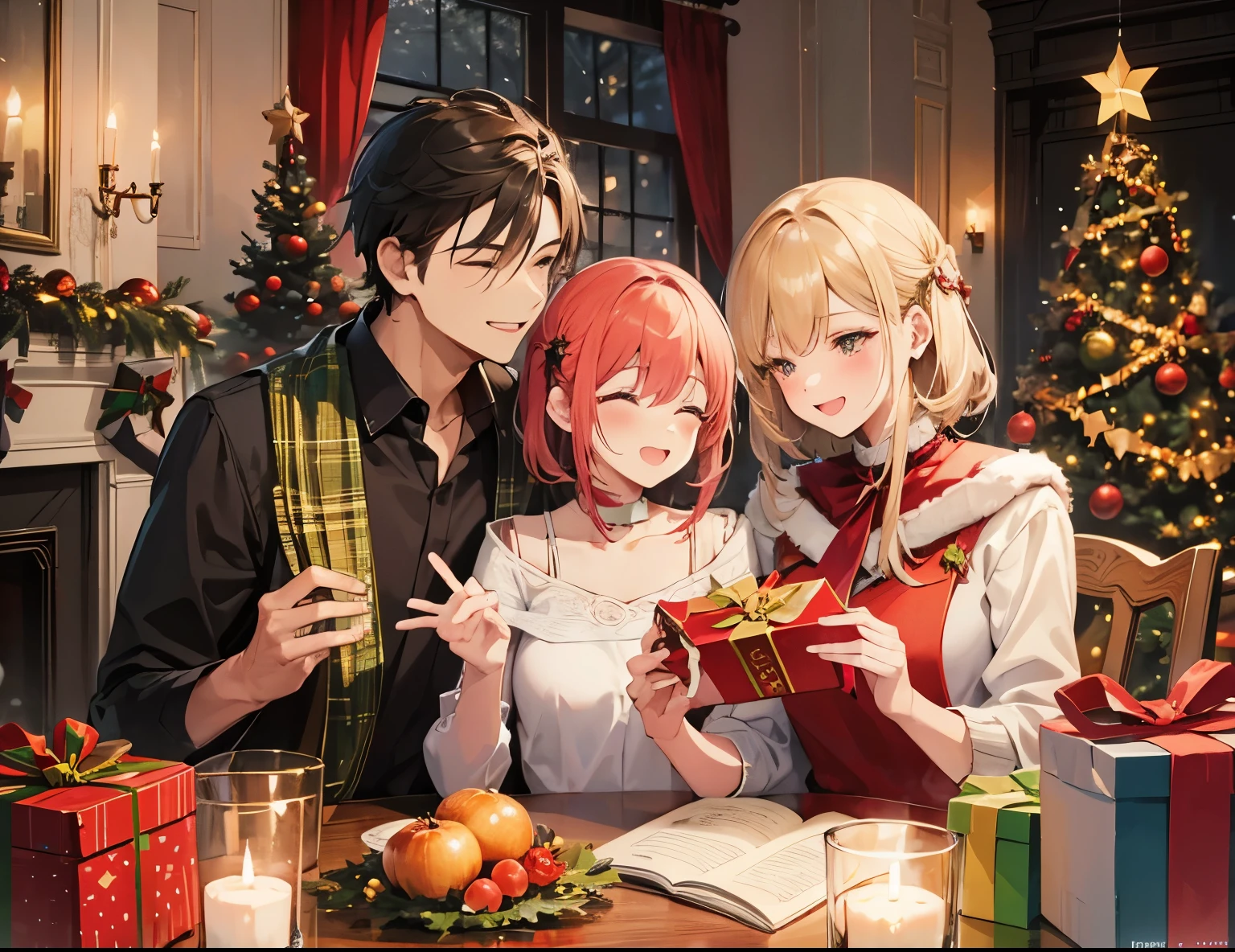 A couple (1male, 1female), Christmas tree, Christmas, gift, laugh, romantic atmosphere, happy atmosphere, landscape