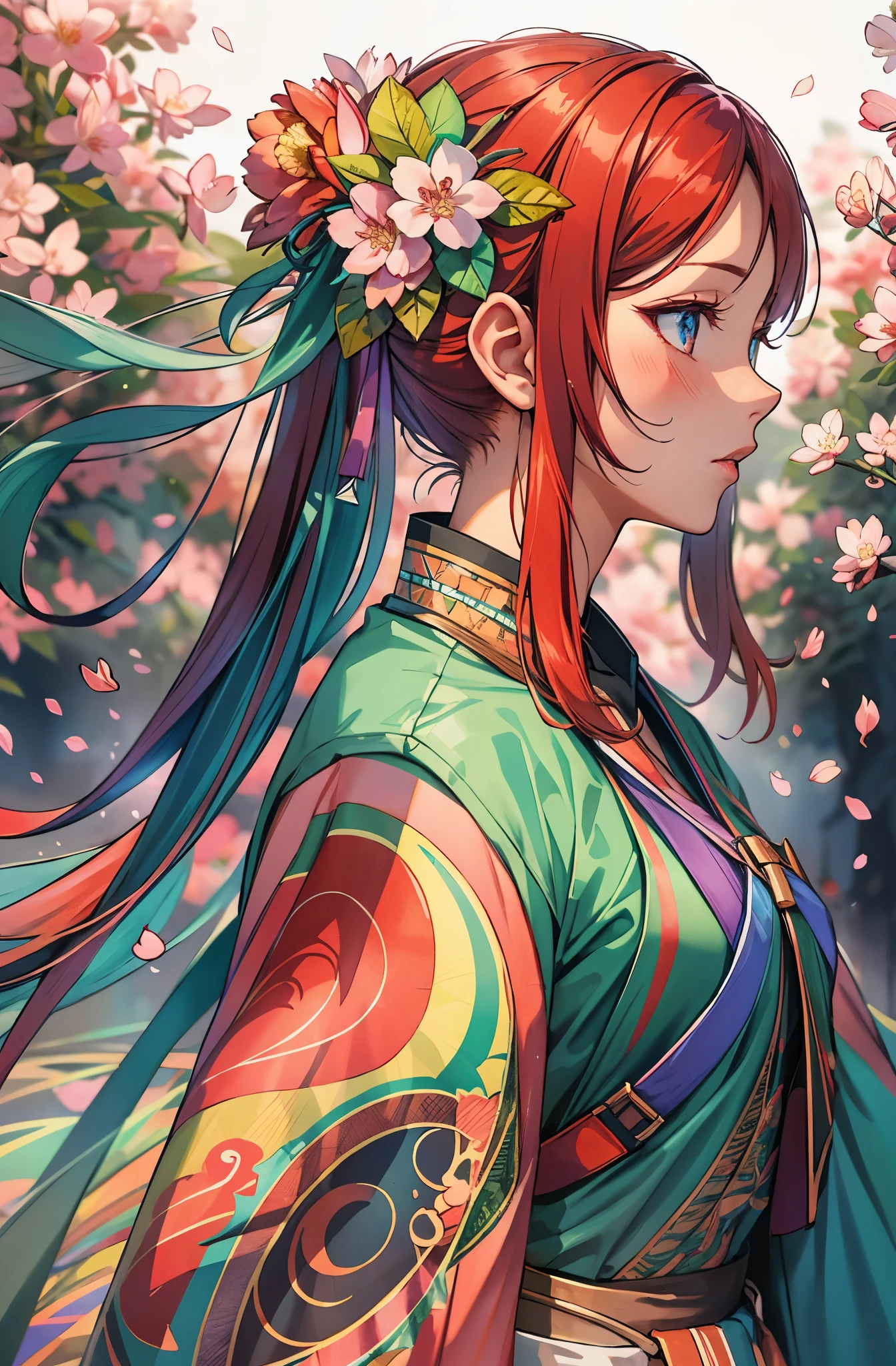 1girl, detailed falling cherry blossom petals background, BREAK, detailed Colorful clothing, detailed Colorful hair ornaments, vivid color, light red hair, BREAK, fantasy art, Dreamscape, dreamy, Fairy Tales, hierarchical form, Gradient of color, Soft color palette, detailedmanga style