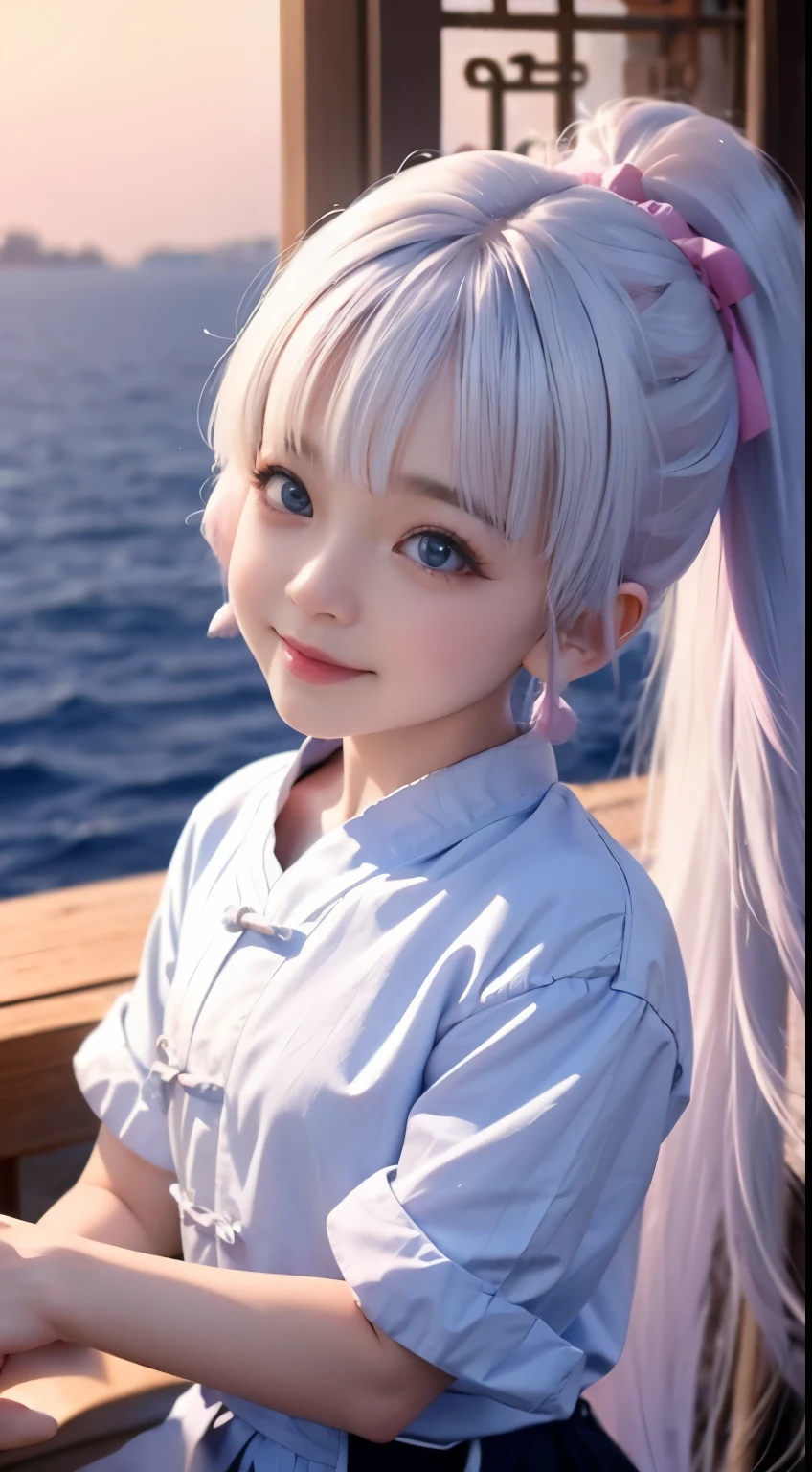 Best quality at best,tmasterpiece,Extremely Delicately Beautiful,The content is very detailed,CG,gatherings,8k wallpaper,An Astonishing,depth of fields,1 Chinese girl,Play by the sea,7 year ose child,Very cutk,Innocent,delicate skin,Flawless Face,plain face,White hair,mid - length hair,high ponytails,There are two strands of white hair on both sides of the ears,Wear pink hair accessories,The eye color is blue,Elaborate Eyes,Eyes sparkle,laughing very happily,Wear a white shirt,Black shorts