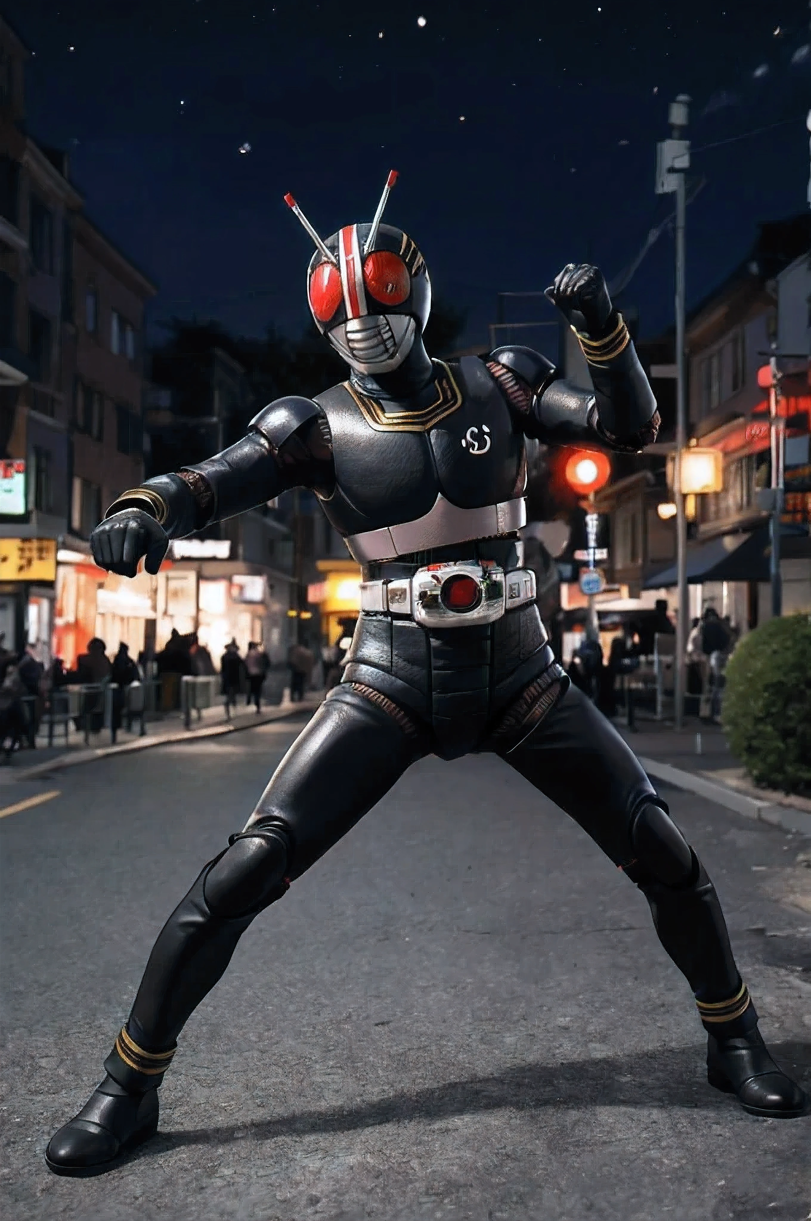 Kamen Rider_Black, One Man, Belt bag, armor, helmets, 2 antennas, tokusatsu, rider Belt bag, masutepiece, of the highest quality, Beautiful, Night, city, Fighting Pose, Fighting Pose, up looking, up looking at, camera, Full body image,