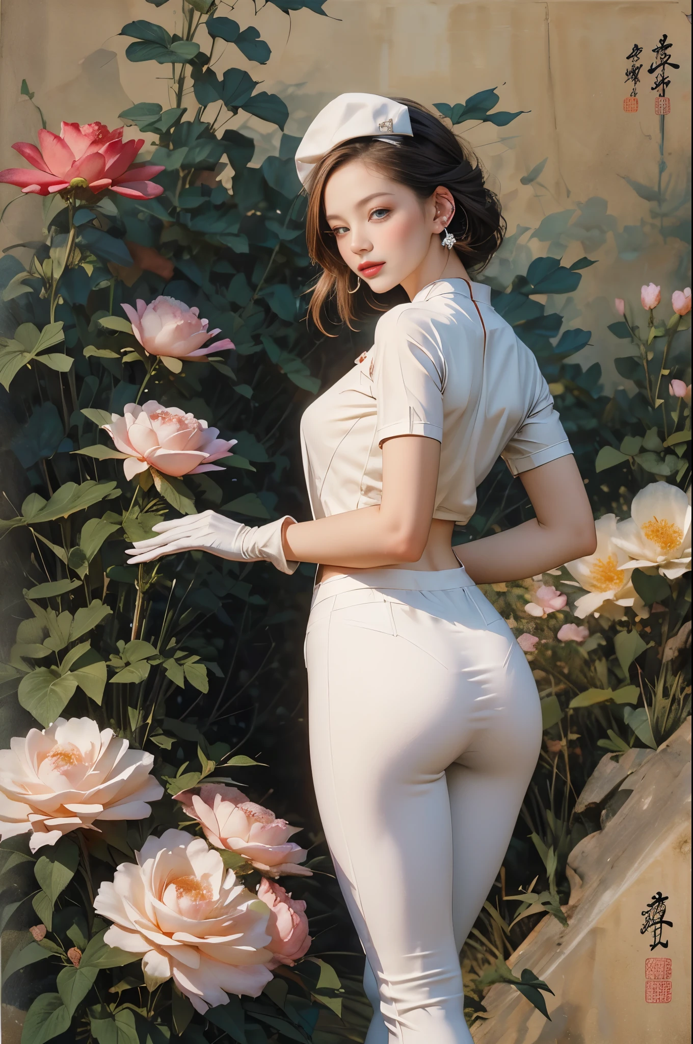 （tmasterpiece，quality，Best quality，offcial art，Beauty and aesthetics：1.2）， 1 Lady, nurses, tightsuit, nurses Cap, White sanitary ware, ((white leggings underneath, absolute chance)), Tight gloves,Don't wear it， whitegloves, red hair clothing, eBlue eyes, Pink lipstick, ssmile, Eternal, Watch from behind, looking back over shoulder at viewer, Clear silhouette, short- sleeved, A mature woman, 35yo, 最好的quality, tmasterpiece, infirmary, As shown in the image, middlebreast, Transcendent, Rain hits the face,  lewd poses, The are visible，Very meticulous，（s fractal art：1.1），（One color：1.1）（Blooming flowers：1.3），Most detailed，（ tangled:1.2), (动态lewd poses), (abstract backgrounds:1.3), (Traditional Chinese fabrics:1.2), (Skin glows), (Lots of colors:1.4), ,(ear nipple ring:1.4)，（Decorative painting：1.6，）， lamplight,Ink painting and watercolor，ink，water ink，