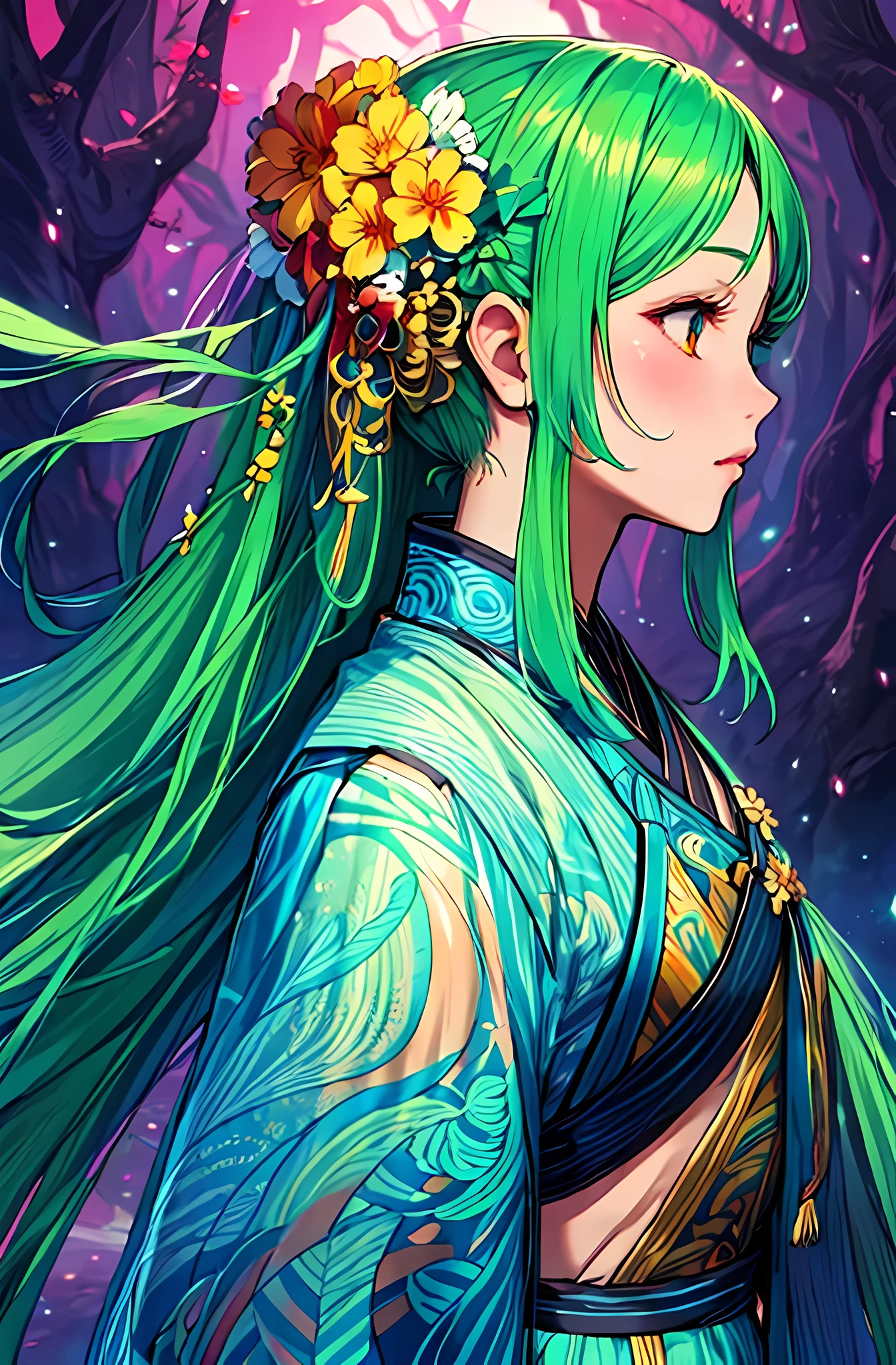 1个Giant Breast Girl, detailed mistic Forest background, magical plants, BREAK BREAK BREAK, Detailed and colorful clothing, Detailed colorful hair accessories, Light green hair, BREAK BREAK BREAK, mistic, Surreal, Magical realism style, Fantasyart, hierarchical form, Gradient of color, Whimsical, vibrant with colors, detailed manga style