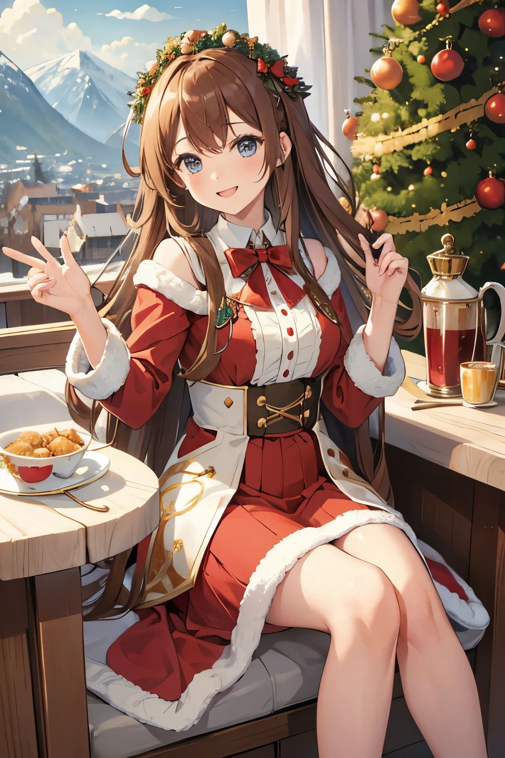 masterpiece, high res,original, beautiful maiden, brown long hair, Christmas outfit ,mondstadt, happy,laugh,happy_atmosphere,landscape