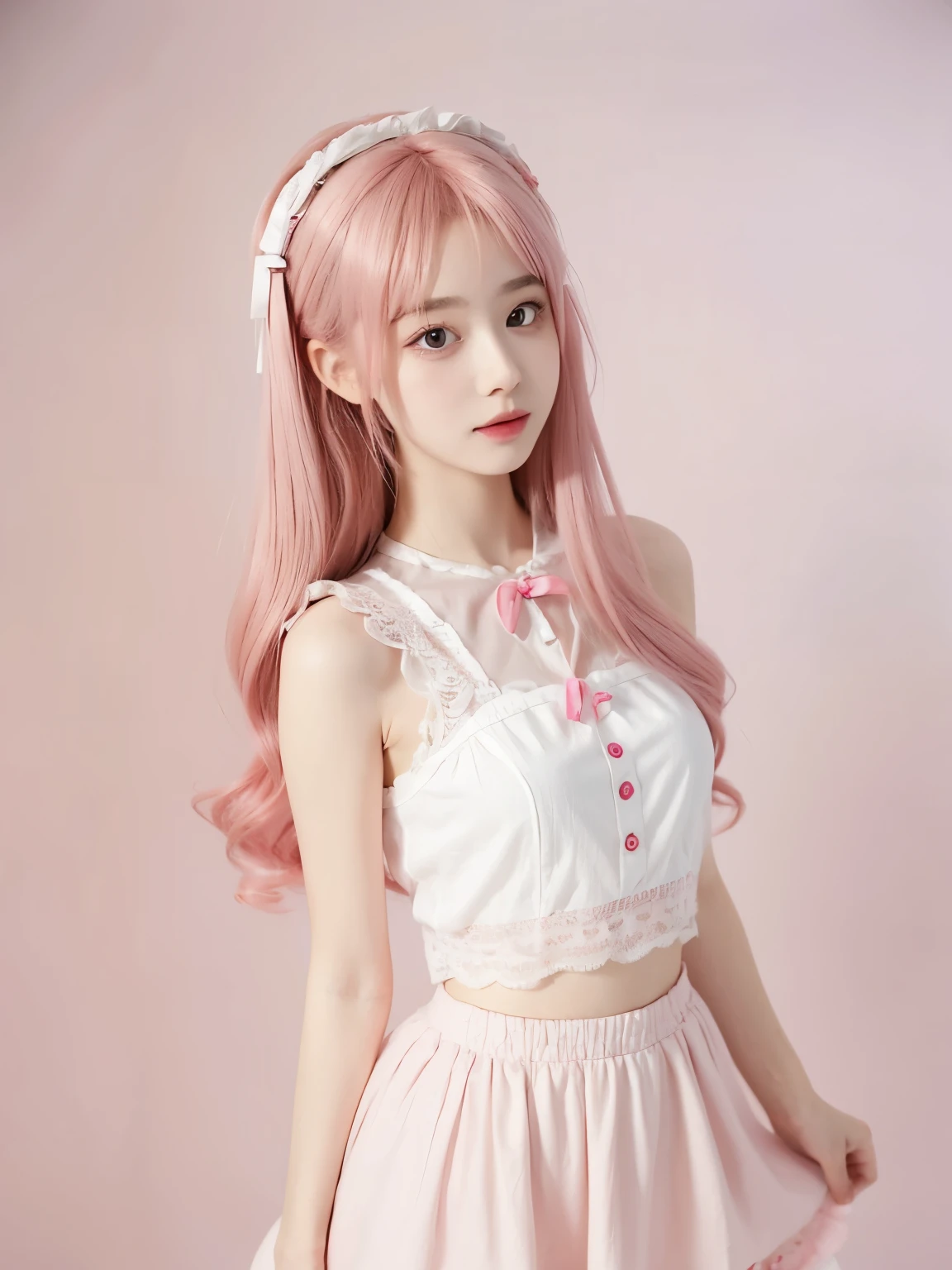 (8K, top-quality, masterpiece:1.2), (reallistic, Photorealsitic:1.37), Super Detail, One girl, (Highly detailed), (beautifully detailed eyes), (of the highest quality), (super detailed), (masterpiece), (Detailed face), 20yr old, 1 girl, ((pink hair, long hair)), medium breasts, clothed, Perfect Lighting, BREAK (cute bodysuit:1.5), (pastel pink:1.4), (white polka dots:1.4), (spandex:1.3), (smooth texture:1.3), (tight silhouette:1.4), (high-cut legs:1.3), (frills on chest and waist:1.4), (lace details:1.4), (small ribbons:1.3), (pastel pink knee-high socks:1.4), (white lace trim on socks:1.4), (pastel pink ballerina flats:1.4), (white ribbon accents on shoes:1.3), (pastel pink minimalist choker:1.3), (simple white stud earrings:1.3), BREAK (upper body:1.3), (pink long wavy hair:1.5), (smile:1.4), (slightly squinted eyes:1.3), (face slightly tilted right:1.2), (left hand on hip:1.3), (right hand relaxed:1.2), (pastel background:1.3), (small white dots:1.2), (soft natural light:1.4), (warm ambiance:1.3)

