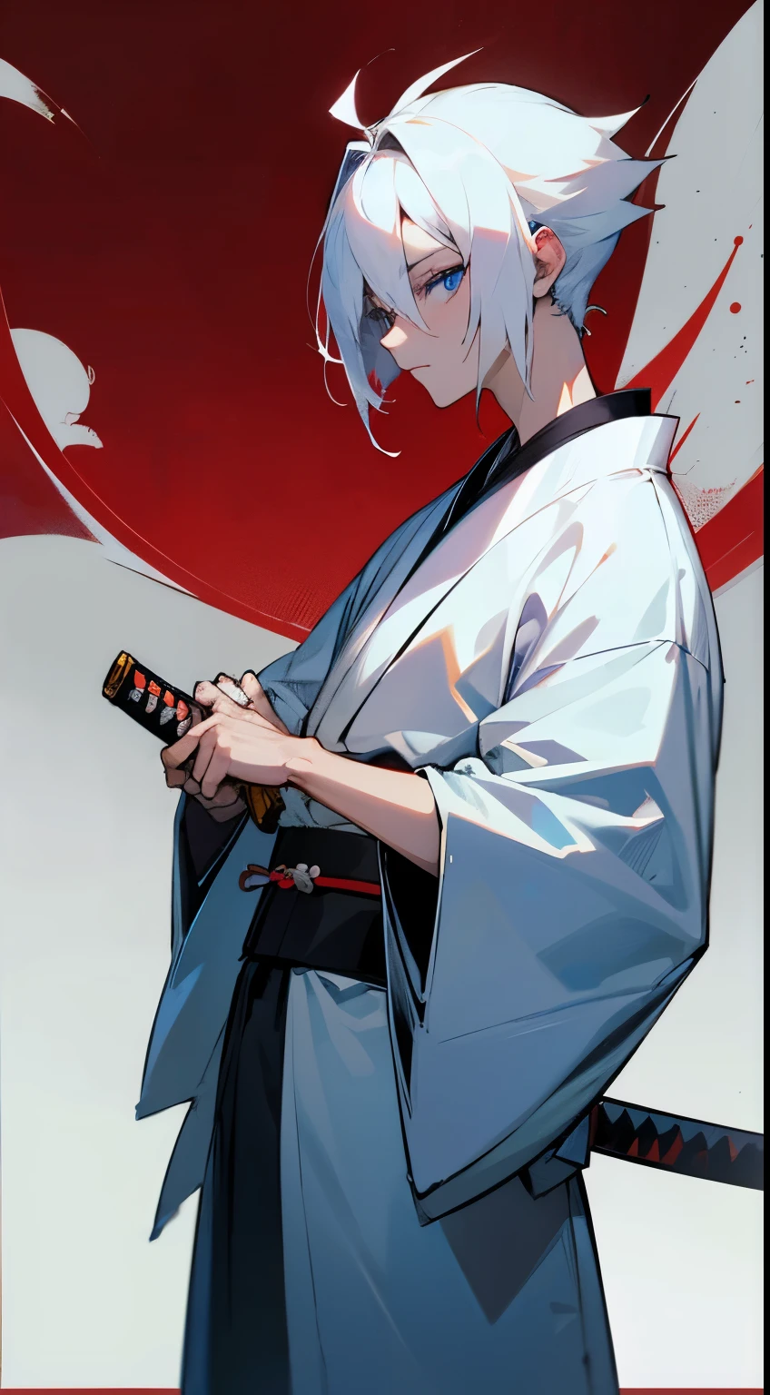 kimono Japanese Katana Sword White hair shorth hair blue eyess Standing Picture full bodyesbian male people battleing