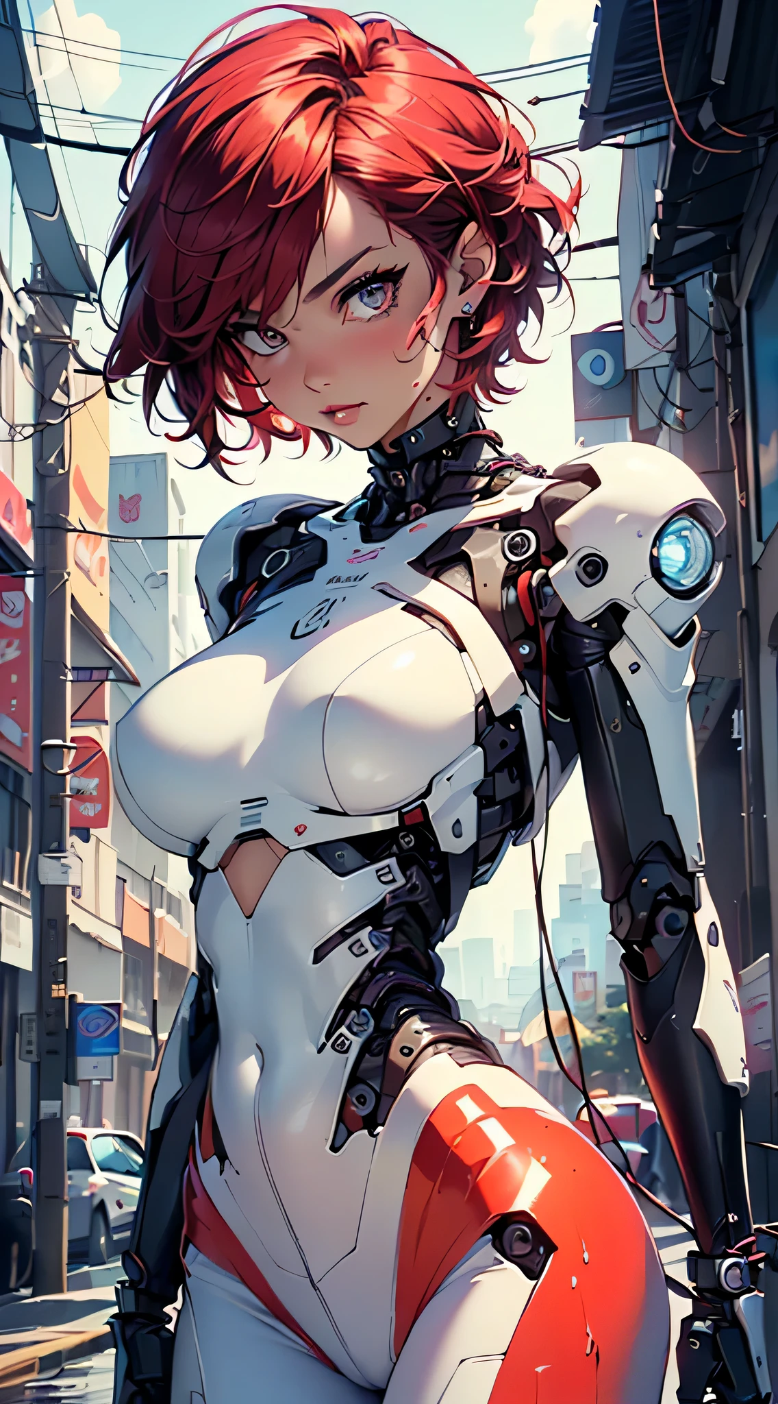 cyborg girl,(((1girl))),((cyborg girl with extremely cute and beautiful red hair)),
(huge breasts:1.4),saggy breasts,(((red short hair:1.35,absurdly short unkempt hair,colored inner hair,ear breathing,short hair))),((heterochromia:1.5, (red_eye and pink_white))),intricate eyes,beautiful detailed eyes,symmetrical eyeat)),(((lustrous skin:1.5,bright skin: 1.5,skin tanned,shiny skin,very shiny skin,shiny body,plastic glitter skin,exaggerated shiny skin,illuminated skin,wet legs))),(spider lower abdomen,narrow waist,wide hip,athletic body,inflated legs,detailed body,(detailed face)),
cute,slutty,seductive,erotic,(nsfw),
((1 mechanical girl)),(one of his bionic eyes:1.4,(machine-made joints: 1.4)), ((mechanical limbs:1.2)), (blood vessels attached to the tube), ((mechanical spine attached to the back, close-up)), ((mechanical cervical vertebrae attached to the neck), ((mechanical parts:1.4)),(mechanical spine, mechanization:1.2, future, wide hips),(wires and cables attached to the head and body: 1.5),(show skin:1.3),((wet clothes,intricate outfit,intricate clothes)),
(dynamic pose:1.0),solo focus,embarrassed,(centered,scale to fit dimensions,Rule of thirds),
cyberpunk city by the ocean at night, with bright neon signs and dark stormy clouds and puddles, scenery:1.25,
artistic photography,(photography taken by sldr),highres, sharp focus, (ultra detailed, extremely detailed), (photorealistic artwork:1.37),(extremely detailed CG unity 8k wallpaper),((synthwave background theme)),(((vibrant colors))),(intricate background),(masterpiece),(best quality),