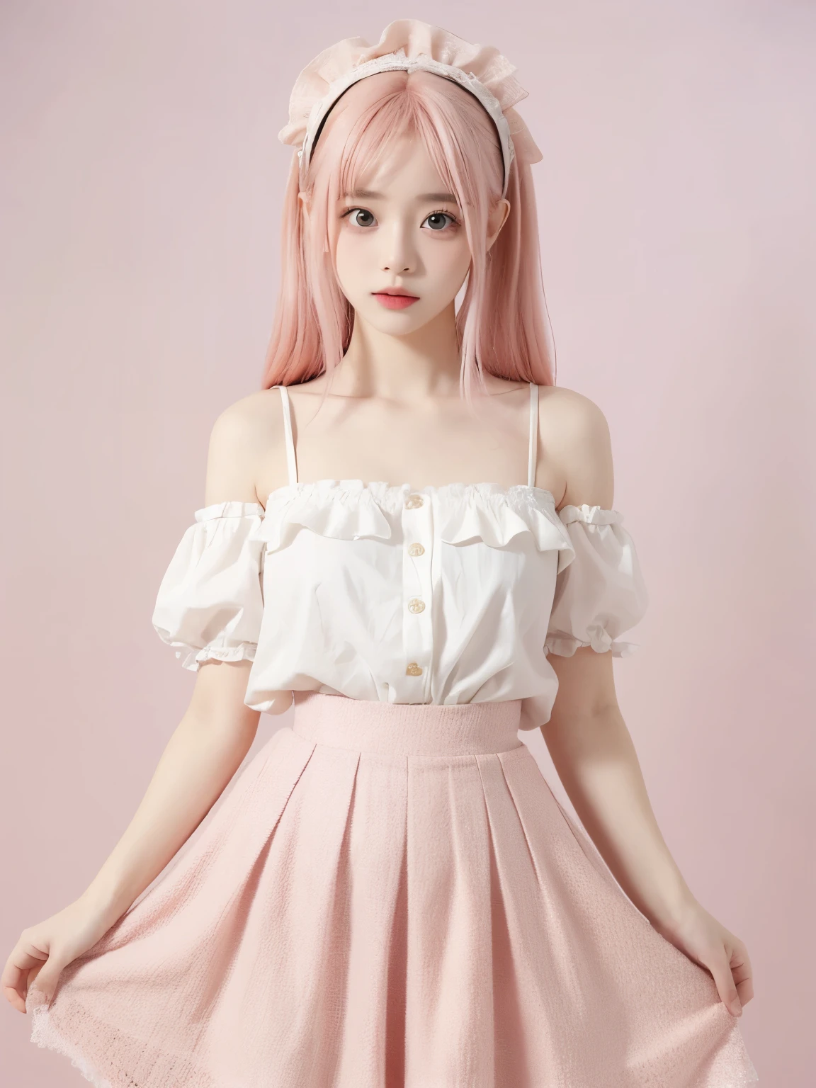 Super delicate and cute girl with pink hair and Lolita skirt. 8K ultra-high image quality, fine texture, with a pure white background.