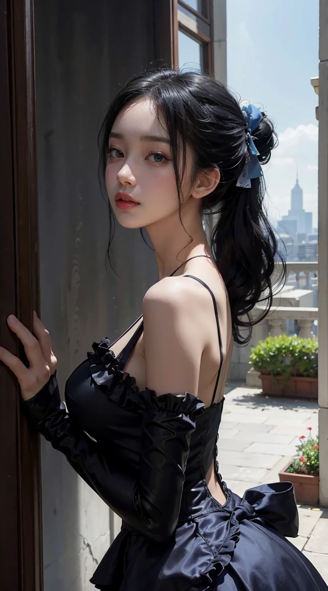 Korean,realisitic, Masterpiece, Final Details, photo realisitic, intriciate detail, Octane rendering, 8K, 1Girl, Full bodyPerfect face, beautifull face, NSWF (Nsw), See Trough, Detail Hair,, black bow, black glove, black legs, Blue Eyes, Blue hair, bow, 鎖骨, one-piece, drill hair, ruffles, ruffles, glove, gwen, headone-piece, high resolucion, Long hair, parted lips, puffy sleeves, Purple eyes, Smile, Solo, white one-piece, Oil Skin,