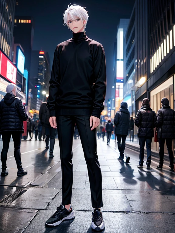 White hair, blue eyes, wearing a black sweater, wearing black trousers, wearing sports shoes, handsome, in the middle of the city, at night