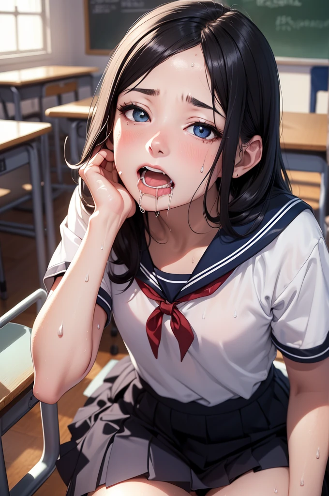 (Photorealistic:1.9), (masterpiece、Highly detailed 8K CG、Sharp lines:1.2)、hi-school girl、A dark-haired、(White panties:1.2)、thighs thighs thighs thighs、Beautiful anime schoolgirl、Smooth Anime CG Art、Beautiful anime schoolgirl、Beautiful anime girl, 19-year-old beautiful girl, Detailed skin, gleaming skin、short-hair、Beautiful black hair、blue Eye、(many streaming sweat:1.6), smile:, (flat chest:1.5), (Muscular thighs:1.2), (gaunt:1.6), (student clothes:1.2), (a sailor suit:1.2), (Dark blue pleated skirt:1.2), (full body:1.2), wet, solo, (one girl:1.4), Sitting, from front , (from below:1.3), Inside the classroom, blush, (anguish:1.2), spread legs, open mouth, (Drooling down to the chin:1.5),