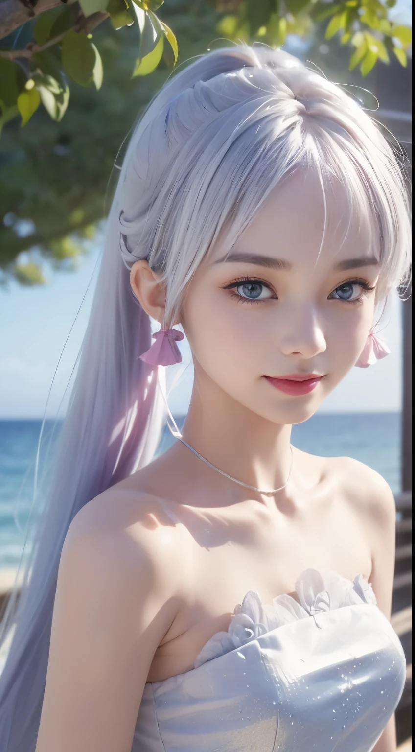 Best quality,tmasterpiece,Extremely Delicately Beautiful,The content is very detailed,CG,gatherings,8k wallpaper,An Astonishing,depth of fields,1 little Chinese girl,Play by the sea,7 year old Chinese child,Very cute look,Innocent,delicate skin,Flawless Face,plain face,White hair,mid - length hair,high ponytails,There are two strands of white hair on both sides of the ears,Wear pink hair accessories,The color of the eyes is blue,Elaborate Eyes,sparkle in eyes,laughing very happily,wear a swimsuiti