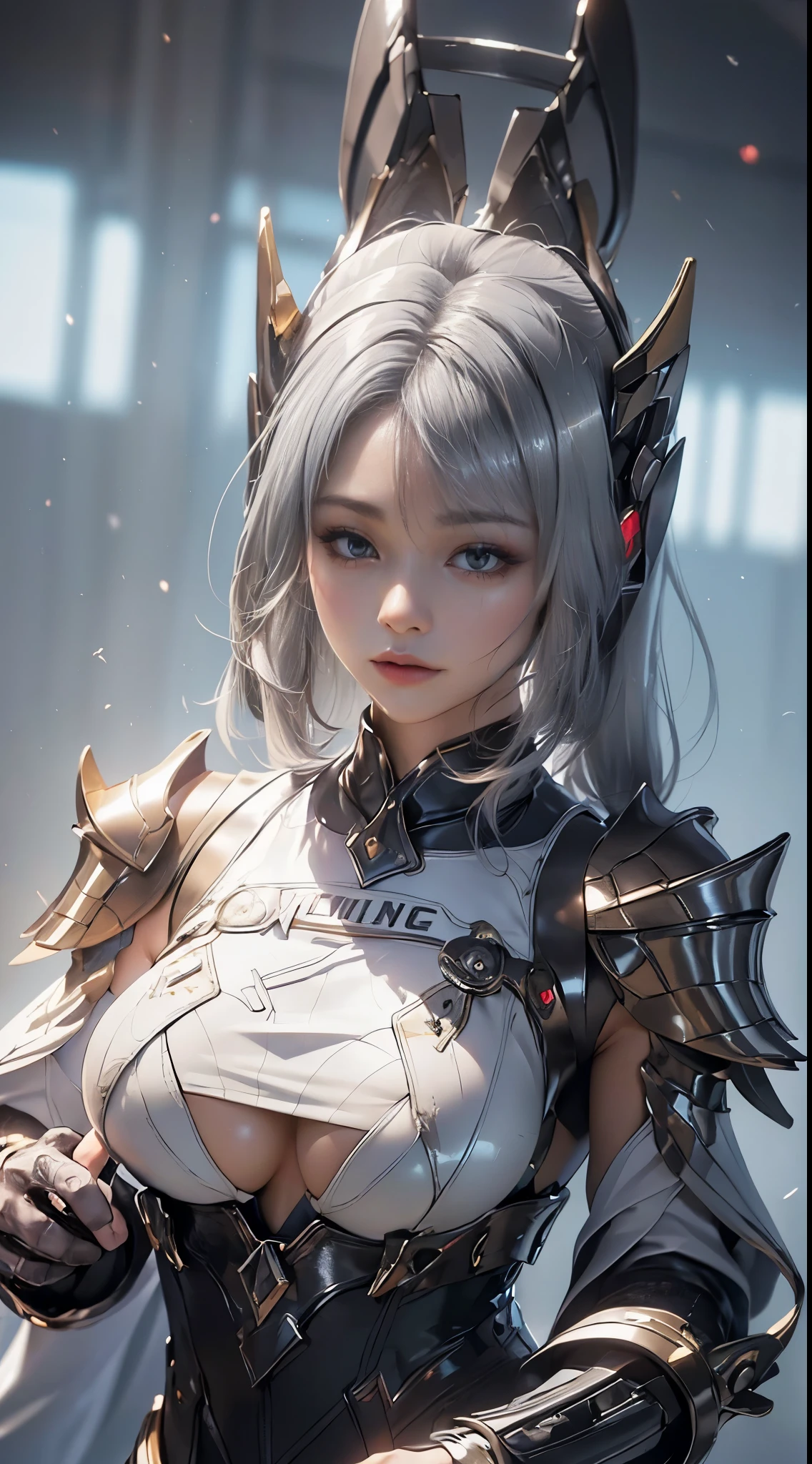 ((unreal enginee 5)), lifelike rendering, excellent, (Full Armor Body), (cloaks), looking in camera, Stand in the studio, Beautiful face, CGI Mix, (Photorealism:1.2), Ultra-realistic UHD face, beautiful body, ((Glowing skin)), ((Shiny skin)), Realistic body, ((She has a )), ((Clean skin)), Photorealistic, Bokeh, Motion Blur, masterpiece, high resolution, 1080p, Super Detail, Textured skin, ((close up to upper body)), ((large breast:1.2)), silver hair, drill hair:0.4