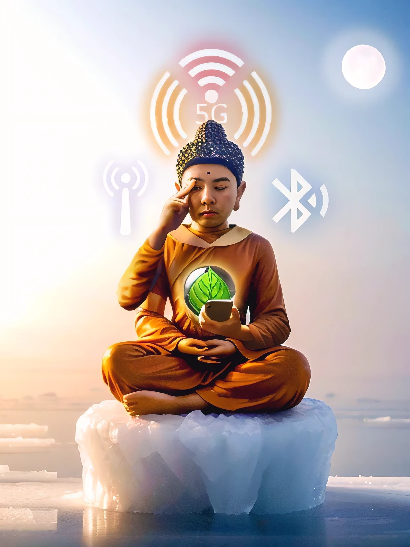 พระBuddhistรูปประทับนั่งโดยมีสัญลักษณ์ wifi และสัญลักษณ์ wifi อยู่ด้านบน, Zen Cyberpunk Meditation, a cyborg meditate, พระสงฆ์meditate, ภายในconnectionแผ่รังสี, elven spirit meditate in space, Built-in synthetic robots, Buddhist monk meditate, Buddhist, Spread awareness, connection, The goddess checked her phone.., meditate, ศาสนาBuddhist, Photo Promotion, 2 1 st century monk