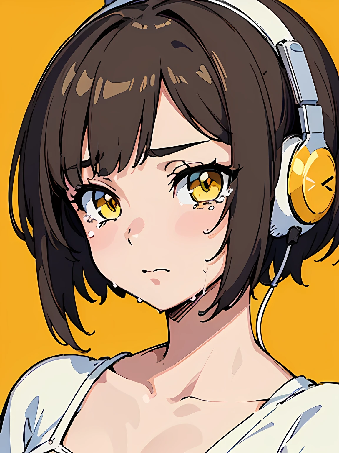 ((masutepiece)), ((Best Quality)), (Ultra-detailed), ((Extremely detailed)), 4K, (8K), Flat color, heavy outline, sharp outline, 1girl in, Solo, slanted eye, Tomboy, sobbing, Stunning cute girl, Ultra-detailed細目, Light brown berry short cut hair with bangs, White Bikini, Put on your headphones, close up shot of a face, Yellow background