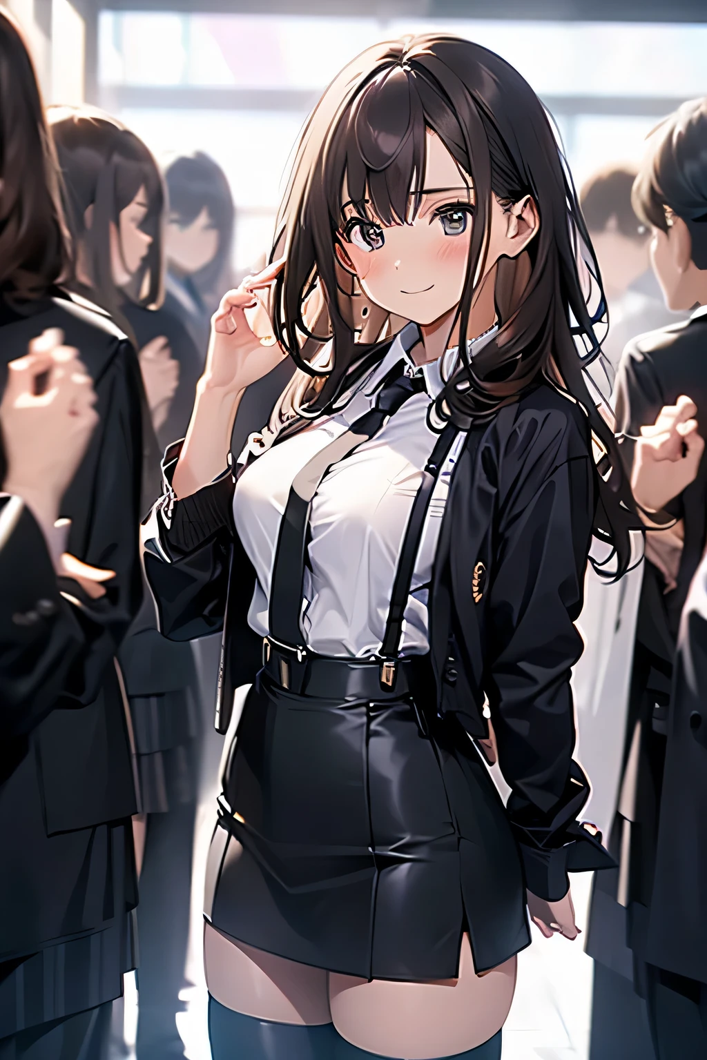 Brown hair、watching at viewers black suspenders bulging big tits walls: Black miniskirt garters Gaze a small face bangss holster Beautuful Women Hands up レッグholster ベッドに横たわる Gaze black boots panty shot Provocation flank flank汗 Soio black suits Black jacket Black pants White cutter shirt