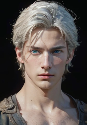 (Portrait of a man),(((best quality))),(((ultra high resolution))),(((masterpiece))),
((38 year old)),(photorealistic:1.4),UHD, white hair, a knight, a little stern, masculine face, roman nose, vivid blue eyes, (((large faded scar over right eye))), hyper realistic, curtain hairstyle, realistic, detailed and correct facial structure, johan liebert mixed with dante, handsome, attractive, slightly muscular, cinematic lighting, unreal engine, intricate details, masterpiece, best quality, by Irakli Nadar, Greg Rutkowski,