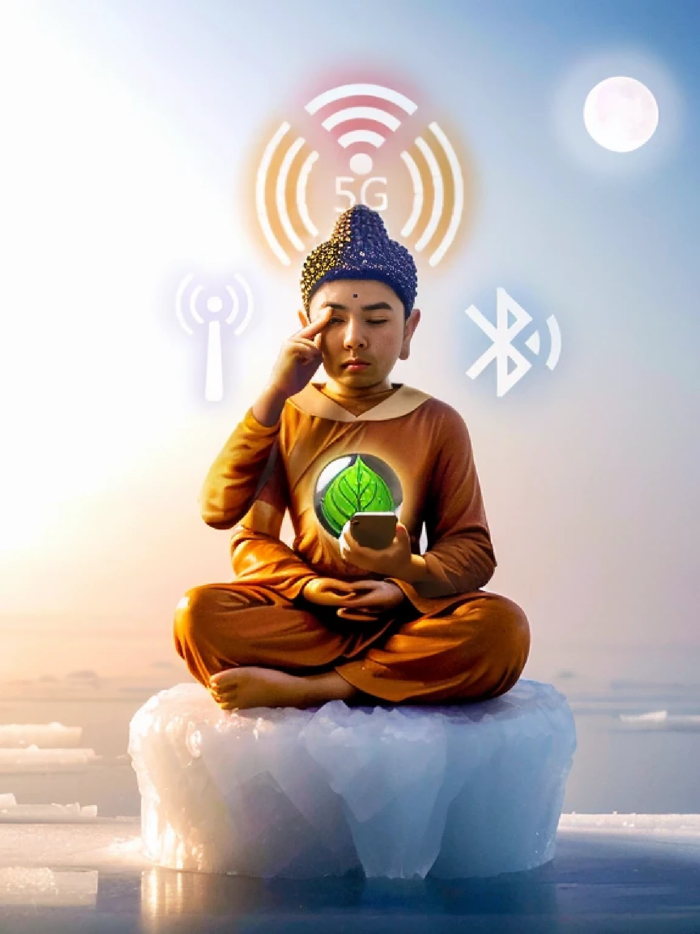 พระBuddhistรูปประทับนั่งโดยมีสัญลักษณ์ wifi และสัญลักษณ์ wifi อยู่ด้านบน, Zen Cyberpunk Meditation, a cyborg meditate, พระสงฆ์meditate, ภายในconnectionแผ่รังสี, elven spirit meditate in space, Built-in synthetic robots, Buddhist monk meditate, Buddhist, Spread awareness, connection, The goddess checked her phone.., meditate, ศาสนาBuddhist, Photo Promotion, 2 1 st century monk