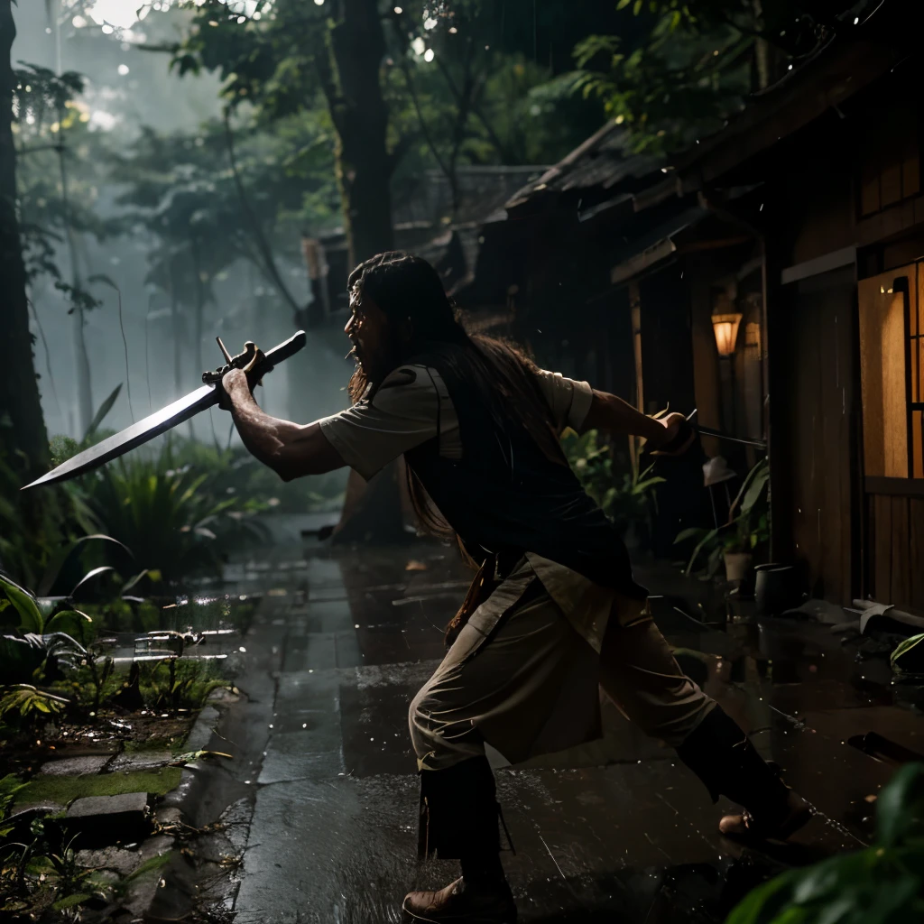 A 40 years old longhair south east asian man yelling with a big sword in his hand attacking a giant leak blur forest lite rain and fog