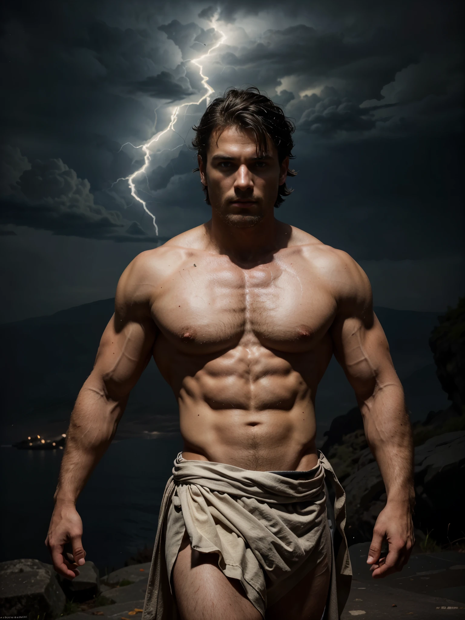 ((masterpiece)),((best quality)),8k, high detailed, ultra-detailed, Stylish Pose, real skin texture, dark cinematic lighting, 28-year-old italian male model, handsome, cute looking, divine look, blue eyes, zeus god, god of lighning, Jupiter, godly, electric, (power over electricity:1.8, displaying the ability to manipulate lightning, creating massive lightning and bend electricity, white pale skin, roman god physic, intense blue eyes, (), dry hair, dark hair, dry short black messy hair, strong jawline, masculine, muscular, defined fit body, hairless chest, shirtless, pantless, inside a mist, sinister aesthetic, on top of a cliff, black storm clouds, (lightning clouds:1.3), night dark storm, barelegged, barefoot, antique spartan loincloth, white antique draped cloth skirt, chain belt,,,, dim light, dark atmosphere, cinematic lighting, Depth of field, award-winning photography, elegant, hyperrealistic, octane render, unreal, high definition, 8k resolution, highly detailed, 8k uhd, professional lighting, photon mapping, radiosity, physically-based rendering