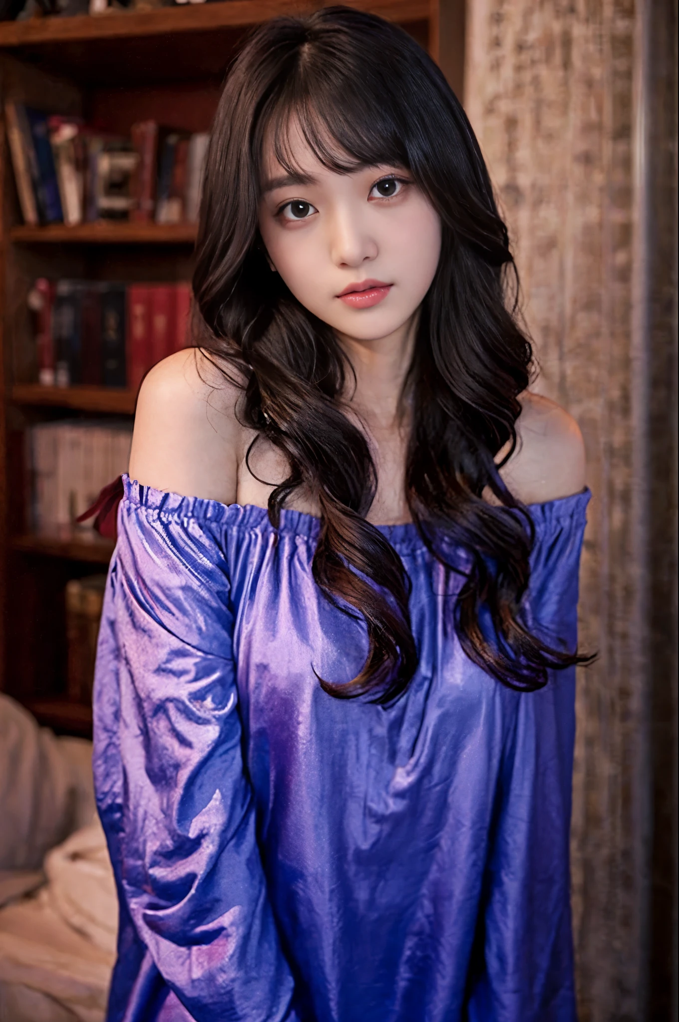lady, posing to viewer, solo:1, pov, 
School background, long hair, upper body, Off-shoulder nightgown,