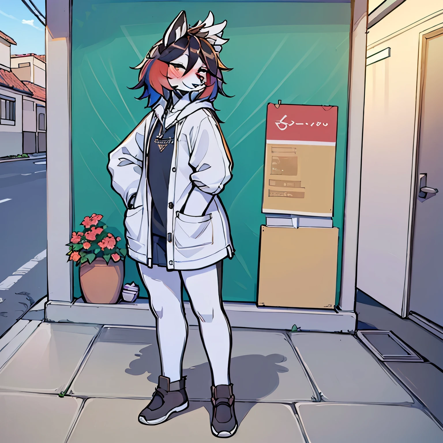 (8k, Foto RAW, La mejor calidad, Obra maestra: 1.2), (realista, photorealista: 1.37), 1 furry standing on the sidewalk, Paisaje urbano, tag, sunny morning, Pro Lighting, Mapeo de fotones, Radiosidad, Brazilian woman, roto, camisa, Mujer de traje, traje de seda