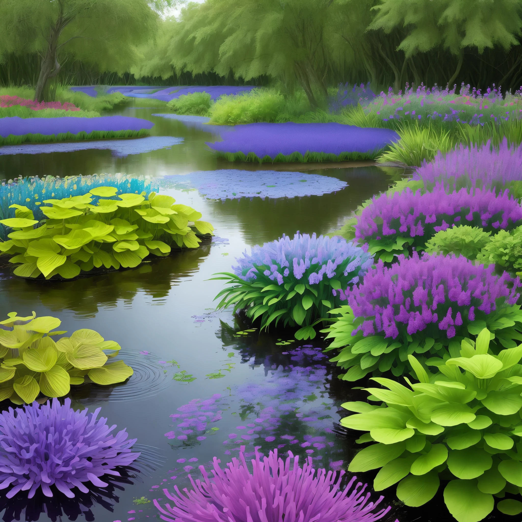 purple flowers are growing near a body of water, spirited water plants, vicious snapping alligator plant, aquatic plants, river with low hanging plants, vegetation and flowers, mediumslateblue flowers, marsh vegetation, aquatical plants, beautiful image, blue and purple plants, indigo blooming flowers garden, bullrushes, 2000s photo, salvia