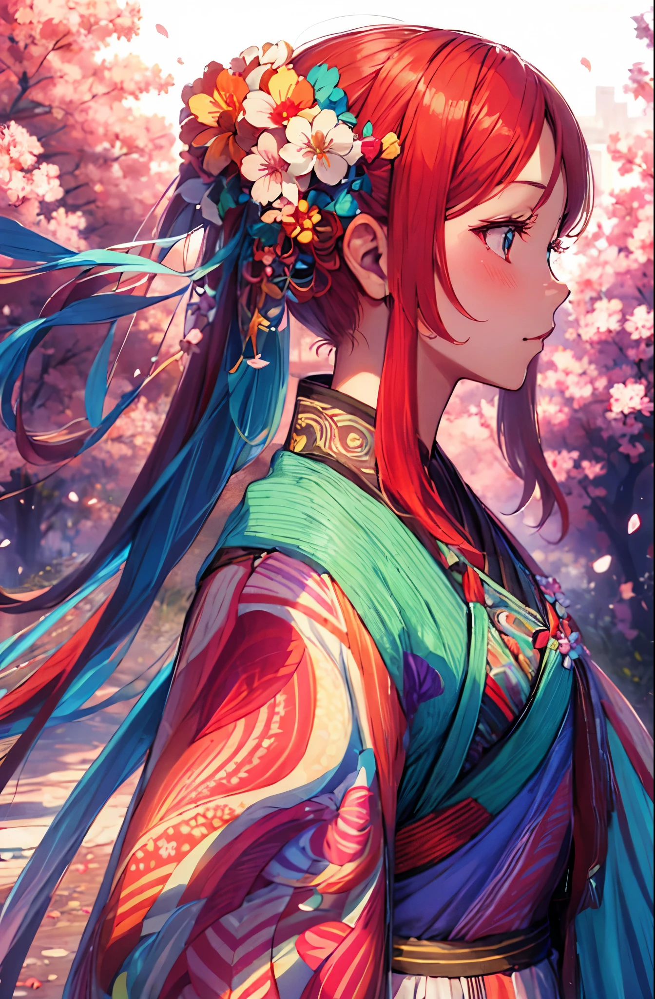 1girl, detailed falling cherry blossom petals background, detailed Colorful clothing, detailed Colorful hair ornaments, BREAK, light red hair, BREAK, fantasy art, Dreamscape, dreamy, Fairy Tales, hierarchical form, Gradient of color, Soft color palette, vivid color, manga style