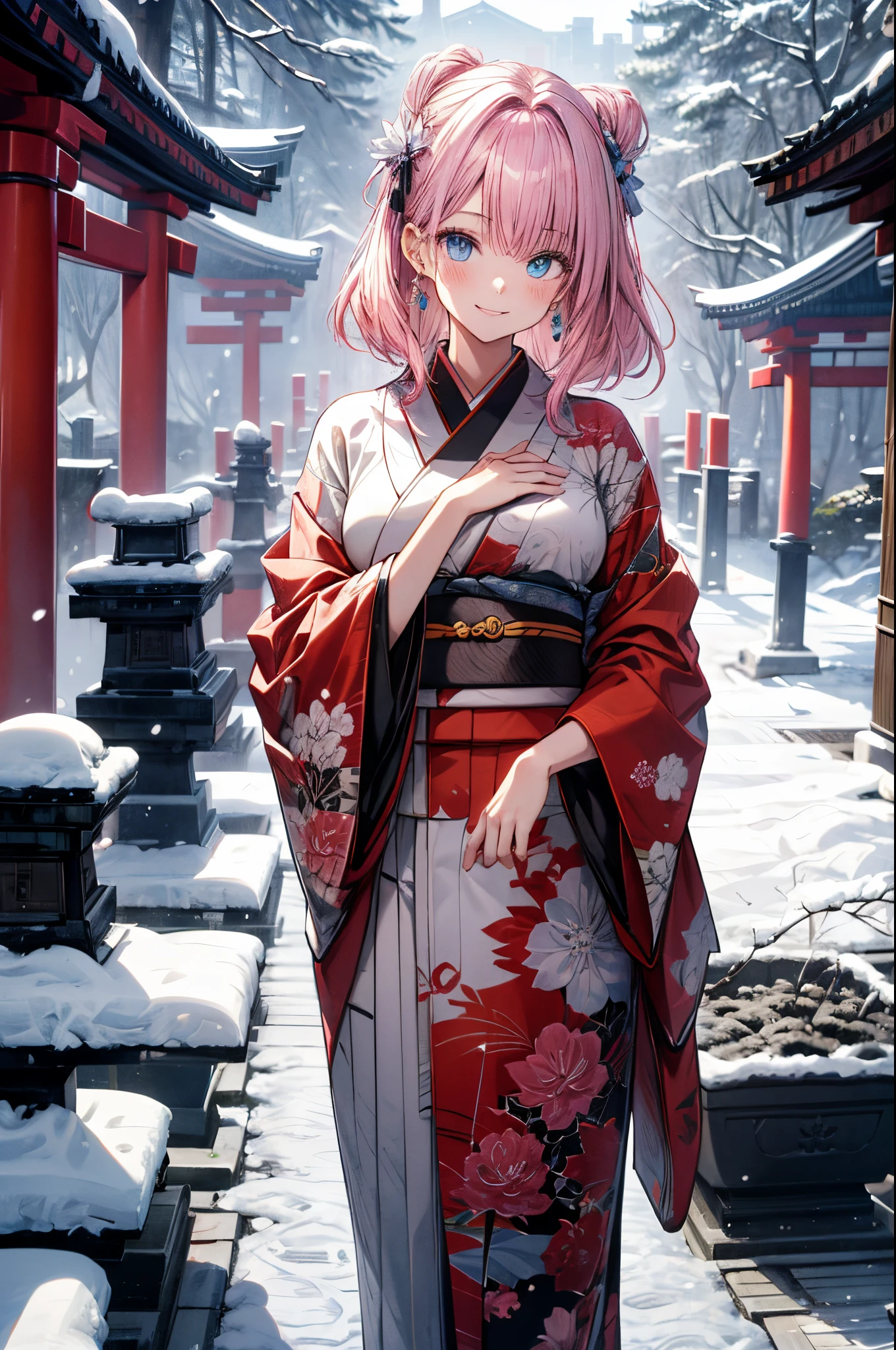 (masterpiece, best quality:1.2), pov, solo focus, upper body, 1 matured woman, 26 years old, raised sexy, hand on another's cheek, smile, pink hair, blue eyes, japanese clothes, kimono, at ZEN garden in Japanese temple, in front of torii gate, in winter, snowy ground with fallen snow, snowflakes,