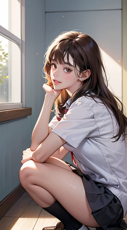 Realistic, Lip gloss, Realistic, Best Quality, 超A high resolution, Depth, Pastel colors, natural shadows, Focus on Face, Just face, Looking at the viewer, Long hair, Brunette hair, A masterpiece of brown and detailed eyes, Best Quality), 1 girl, Solo, from the front side,
(Shut up), Smile, Parted lips,
Shiny skin, thick thighs, White panties,
School uniform, Therap, Pleated skirt, lowfers, Black socks, Crouching, Indoors, gaze at the audience, Anatomically correct