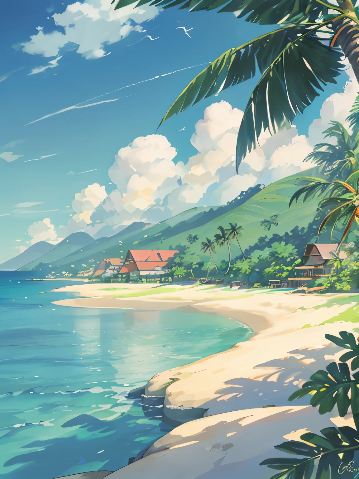 (High quality, high resolution) 3Delight beach scenery, halo 8K, beach details depicted clearly, fresh summer feeling, coconut trees and coconut, full detail.