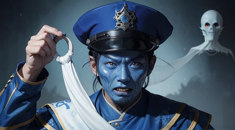 a man ghost, Asian ghost, wear a Paskibra costume blue. With the emblem Paskibra. With a scary face , horror vibe, cinematic horror, best horror, make the image very horror and scary