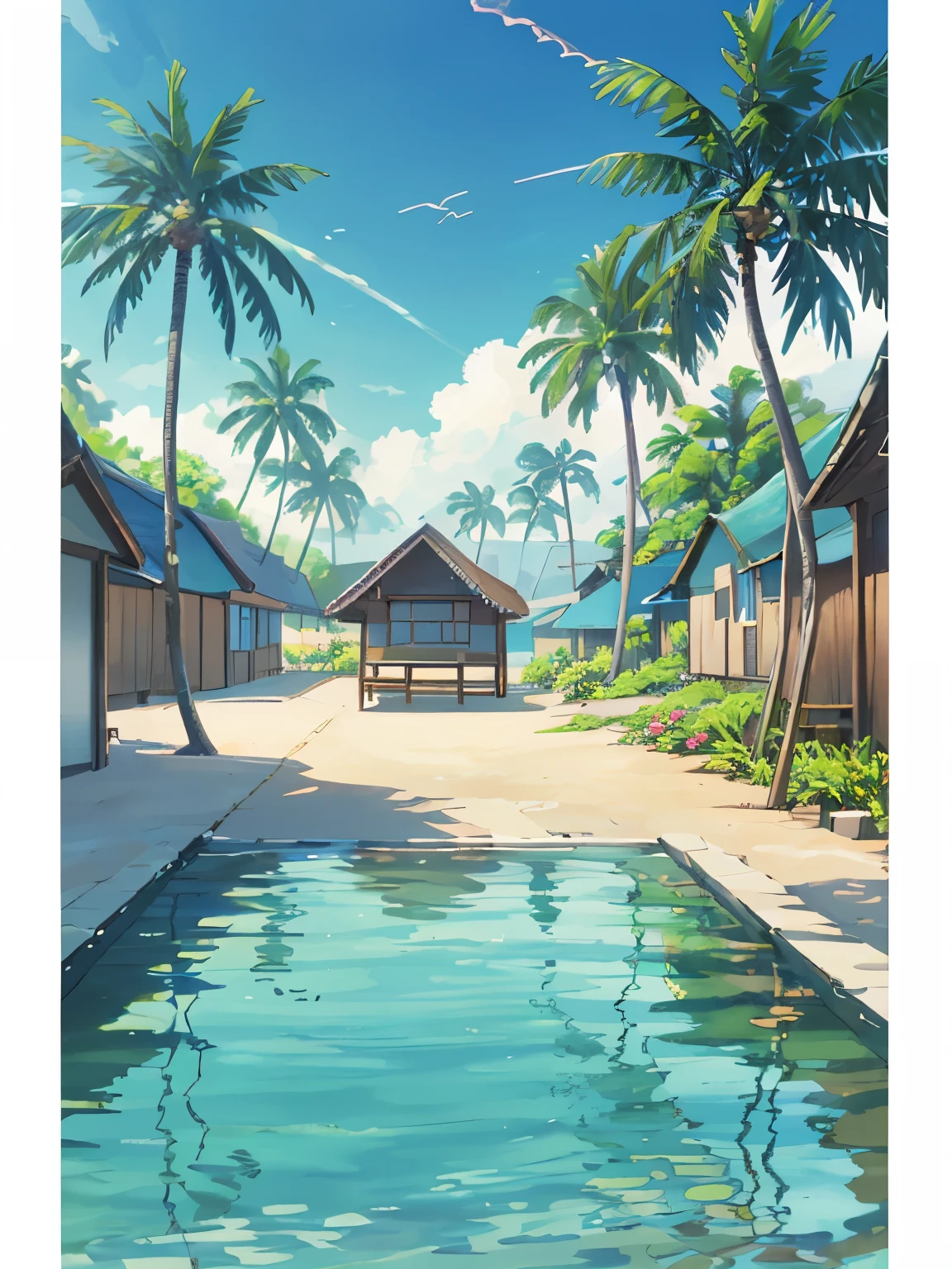 (High quality, high resolution) 3Delight beach scenery, halo 8K, beach details depicted clearly, fresh summer feeling, coconut trees and coconut, full detail.