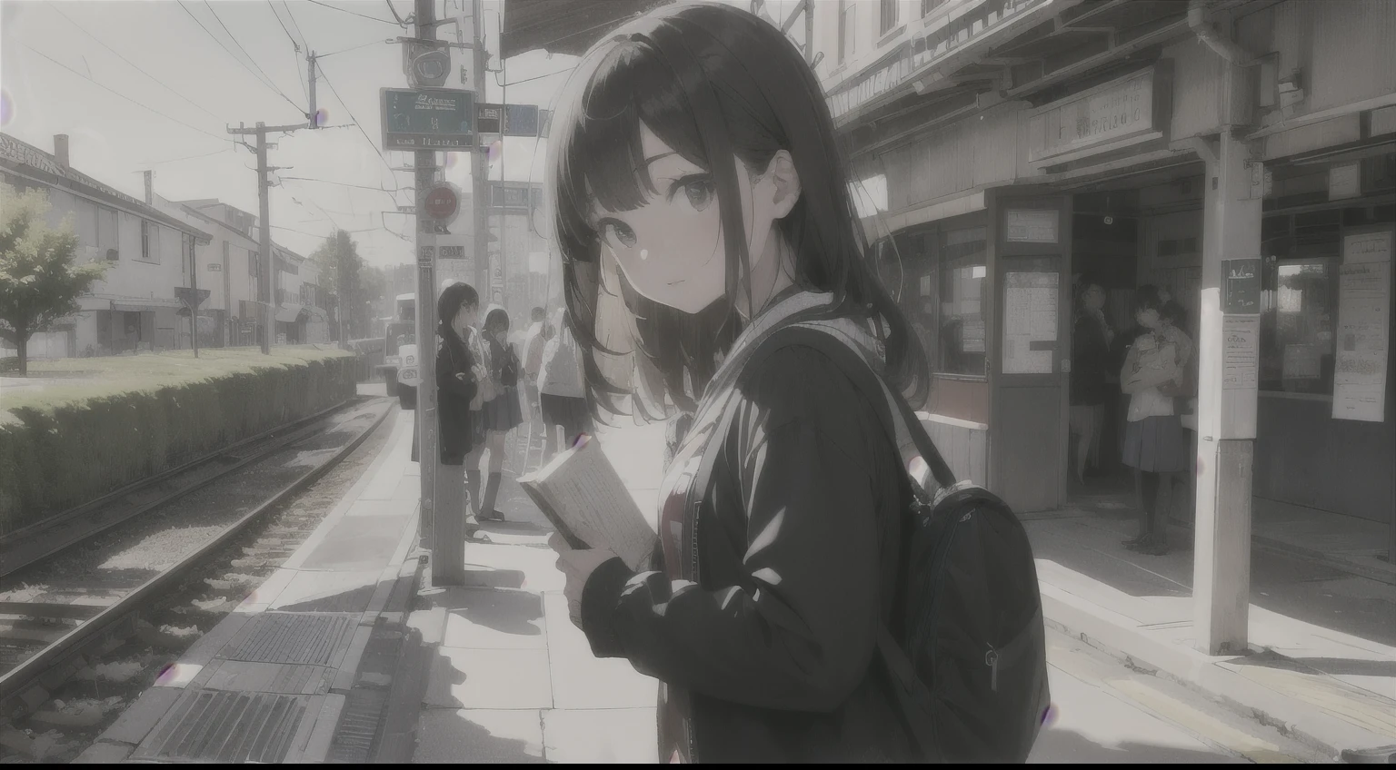 This takes place at a train station. A boy is standing on the other side of the platform across from the girl. The platforms are quite far from each other as there are two railways in the middle. He is holding a book with one hand and the other is in his pocket. A girl is standing across from him admiring him from afar. They are highschool students and it's around late afternoon like 3pm. They are waiting for the train that hasn't arrived yet. A boy with brown hair, a girl with light brown hair both in school uniforms.