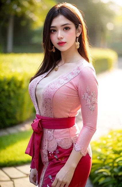 Masterpiece, best quality, Boa Hancock, 1girl, breast, solo, long hair, wears kebaya bali, yellow kebaya bali, earrings, necklace, brown hair, glowing skin, textured skin, blush cheek, standing, looking at viewer, garden background, ultra detailed, epicrealism, black hair, 4K