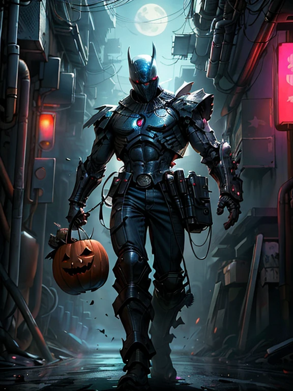 Moon-knight from marvel carrying a pumpkin, Halloween theme,(top-quality、8K、32K、masterpiece、nffsw:1.3)、(The ultra -The high-definition)、(Photorealsitic:1.4)、Raw photography,Perfect eyes,Charming perfect figure,actionpose:1.2,Detailed cyberpunk fashion、World of Cyberpunk,depth of fields,blurry backround,、