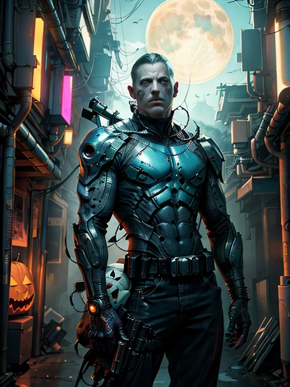 Moon-knight from marvel carrying a pumpkin, Halloween theme,(top-quality、8K、32K、masterpiece、nffsw:1.3)、(The ultra -The high-definition)、(Photorealsitic:1.4)、Raw photography,Perfect eyes,Charming perfect figure,actionpose:1.2,Detailed cyberpunk fashion、World of Cyberpunk,depth of fields,blurry backround,、