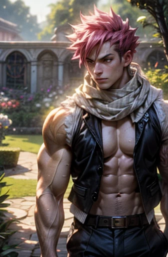 a muscular man Natsu Dragneel sitting in a garden, vest with apron, highly detailed, Zwxthejx , 1900s, gorgeous lighting, illuminated