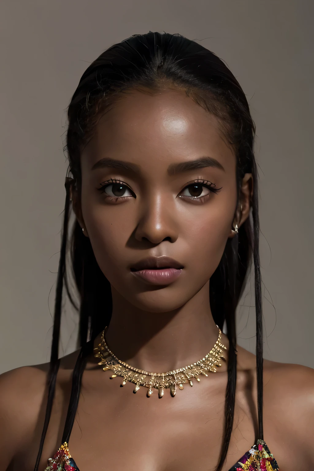 a close up of a woman with a necklace and a necklace, dark-skinned, young black woman, brown skin. light makeup, black young woman, stunning african princess, dark skinned, dark skin, dark skin tone, gorgeous woman, dark brown skin, brown skinned, dark black skin tone, african facial features, maria borges, black girl, black teenage girl, full body