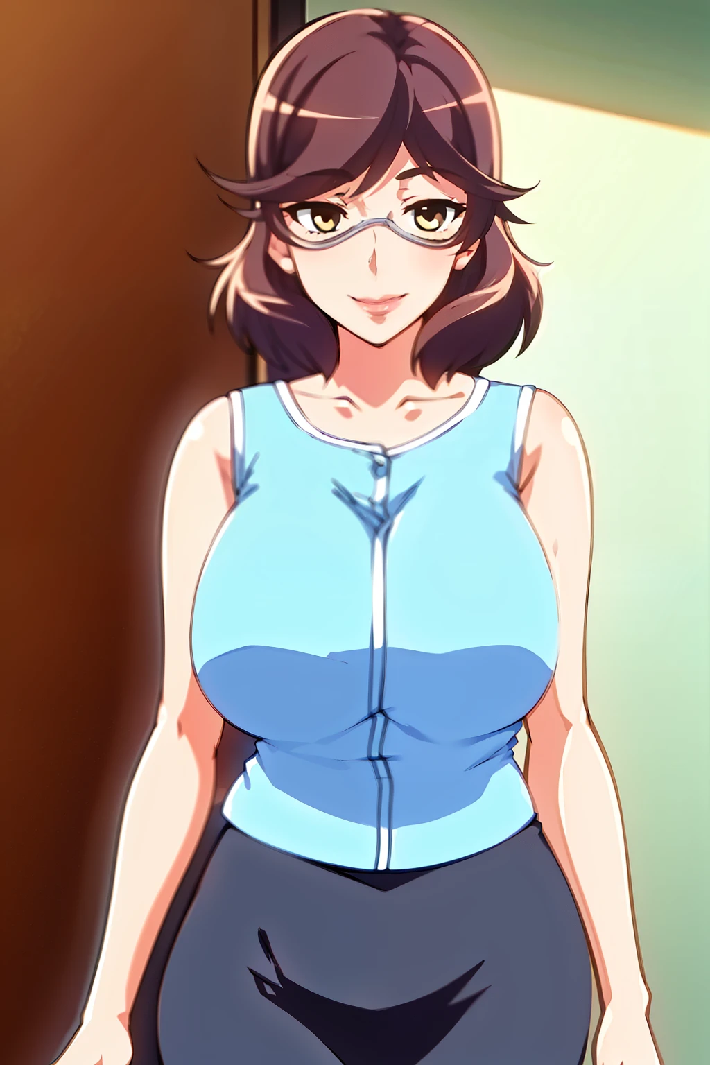 Anna-san,standing in the bedroom, navy skirt, light blue blouse sleevesless,