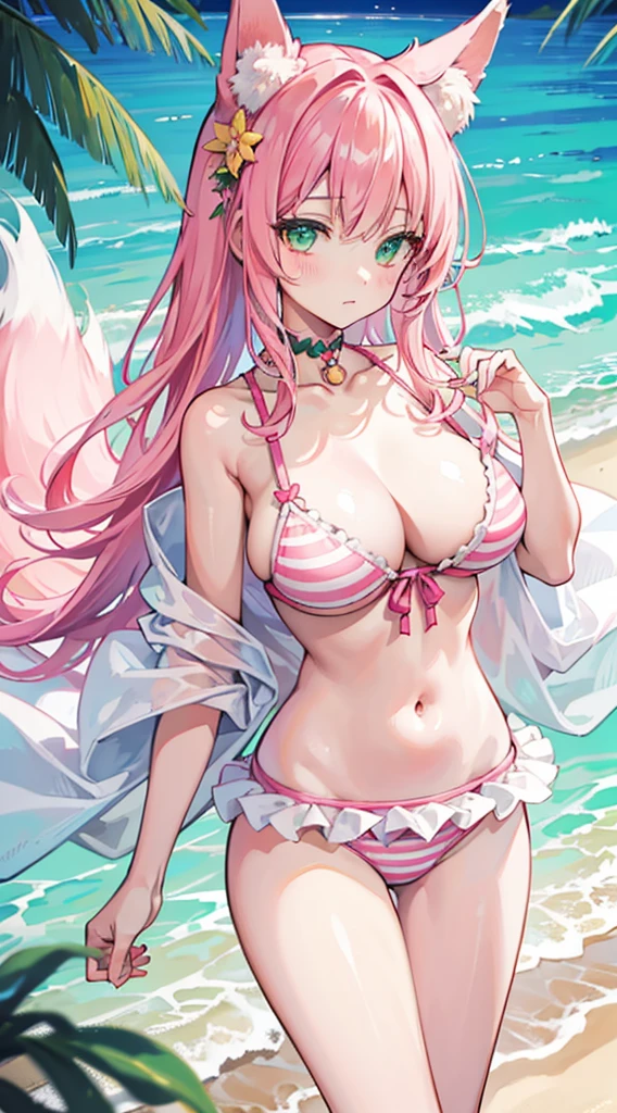 High quality, masterpiece, ultra-detailed, highly detailed outfit, choker, frilly pink striped bikini, 1girl, solo, peaceful expression, long pink hair, fox ears, enchanting green eyes, ridiculously large breasts, shiny skin, beach