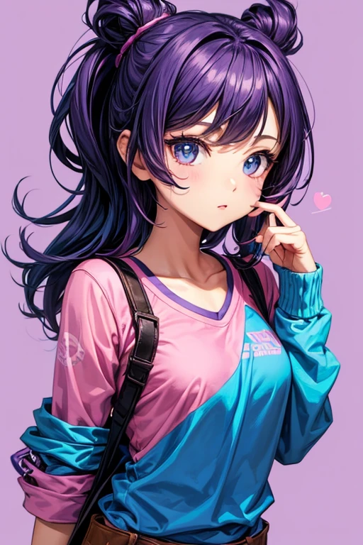 1 sticker, handbook, (a stylish girl, model, pink top, cool and cool), purple and blue background, background, minimal, vector style, no gradient