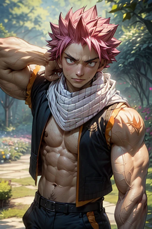 (best quality,highres,ultra-detailed:1.2), A muscular man Natsu Dragneel is standing in a garden (flexing:1.1). He is wearing a (cut sleeve vest:1.2) and (white scarf:1.2) with visible chest and pecare chested:1.2, washboard abs:1.2, V-shape body:1.2). Natsu has extremely detailed facial features with beautiful detailed eyes, beautiful detailed lips, and long eyelashes. The garden surrounding him is filled with vibrant flowers and lush greenery. The garden has a vintage aesthetic inspired by the 1900s, with a touch of Zwxthejx's artistic style. The lighting in the scene is absolutely stunning, with gorgeous natural light illuminating the garden, creating a warm and inviting atmosphere.