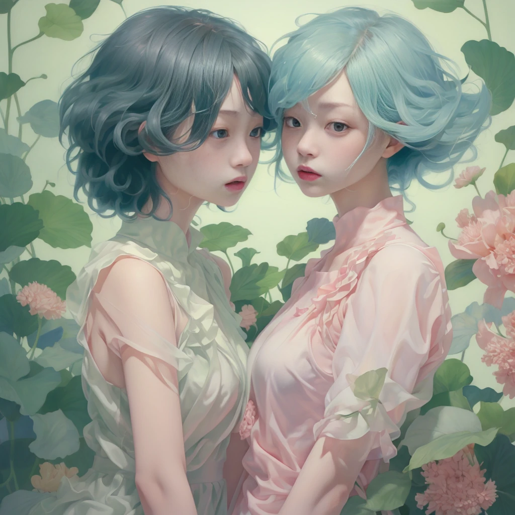A beautiful slender thin exquisite naked girl with a perfect exquisite face with pink hair with tender breasts with tender nipples barefoot drinks coffee on the veranda of the house under the blooming sakura and looks dreamily at the flowers, in a gentle watercolor style, Discreet shades, sfumato, haze, diffused dim light, delicate mint shades, imitation of film photography