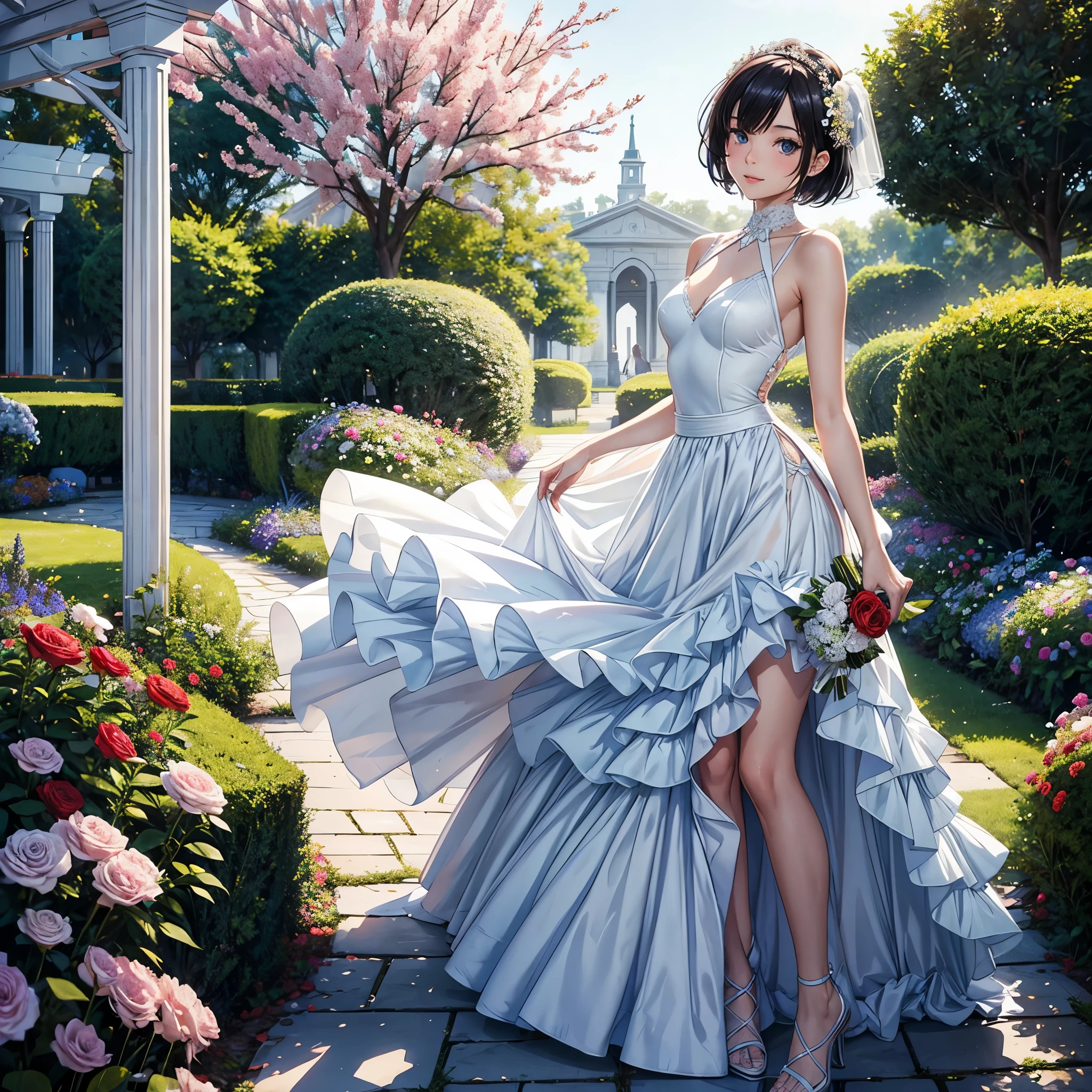 master-piece, bestquality, only 1girl,25 years old, black short hair, blue eyes, slender body., Wedding Dresses, White Wedding Dress, Long skirt, wedding, small breasts, ,bara, Standing in the middle of a flower garden, outdoor, wedding, The sky is beautiful, Both hands hold a bouquet of flowers........, View viewers from the front., Thigh strap, Head tilt, happy, 10, 10, HD, slight smile,