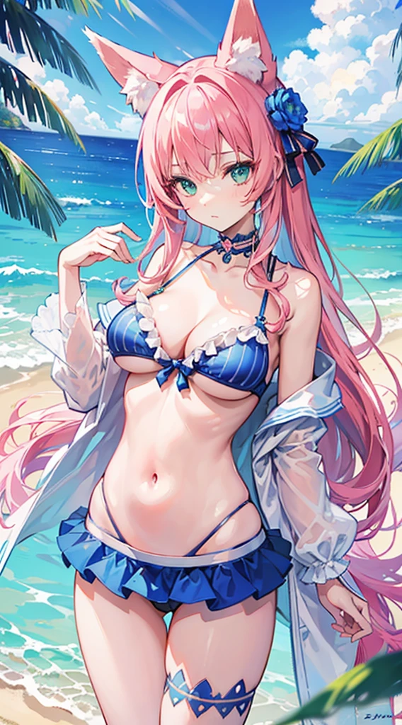 High quality, masterpiece, ultra-detailed, highly detailed outfit, choker, frilly blue striped bikini, 1girl, solo, peaceful expression, long pink hair, fox ears, enchanting green eyes, ridiculously large breasts, shiny skin, beach