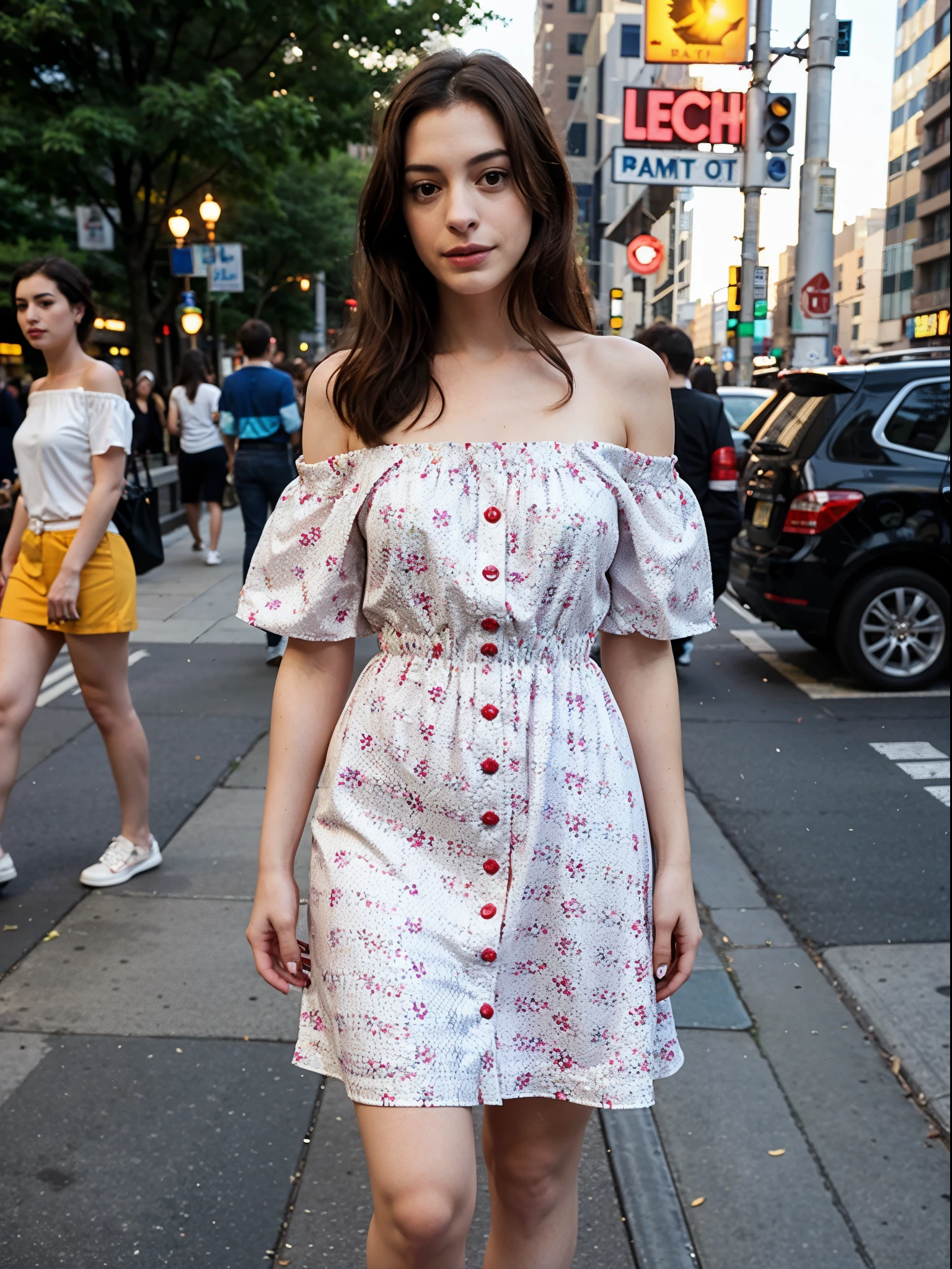 25 y.o, off shoulder dress, motif, face like anne hathaway, new york